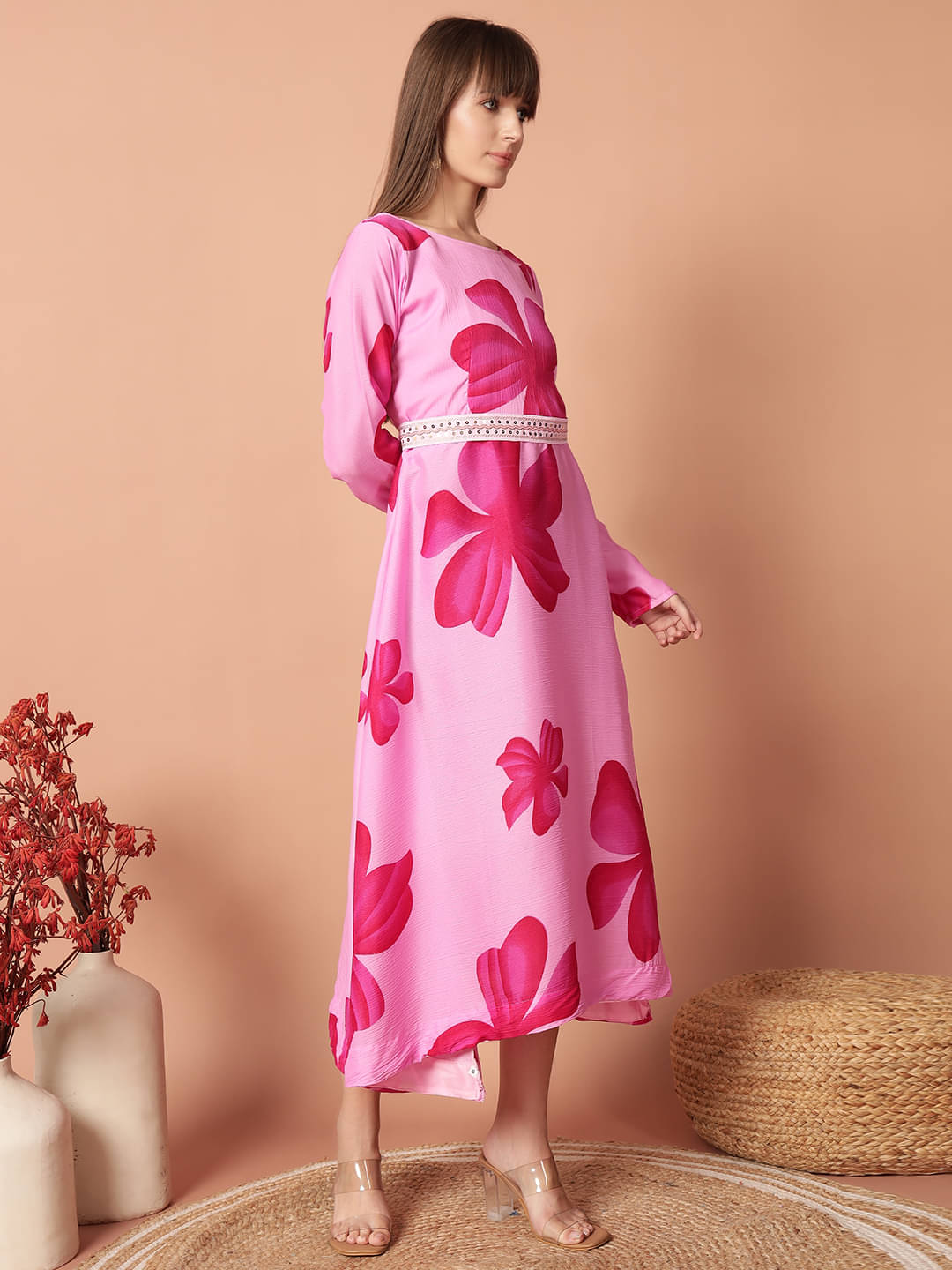 Femvy Women Cotton Blend Printed Fit & Flare Dress ( Pink ) Femvy Women Cotton Blend Printed Fit & Flare Dress ( Pink )