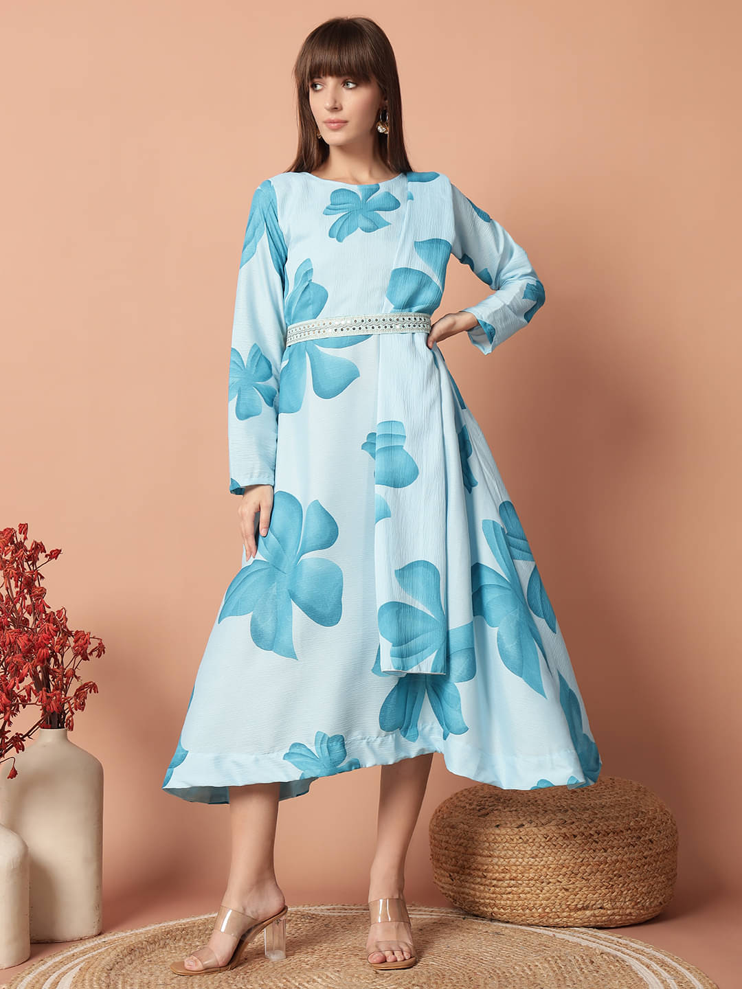Femvy Women Cotton Blend Printed Fit & Flare Dress ( Blue ) Femvy Women Cotton Blend Printed Fit & Flare Dress ( Blue )