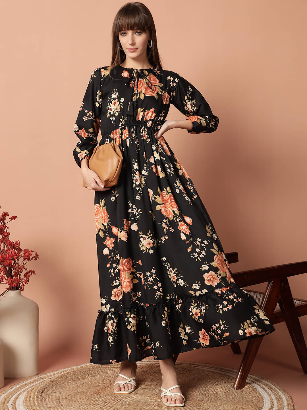 Femvy Women Polyester Printed Fit & Flare Dress ( Gold )