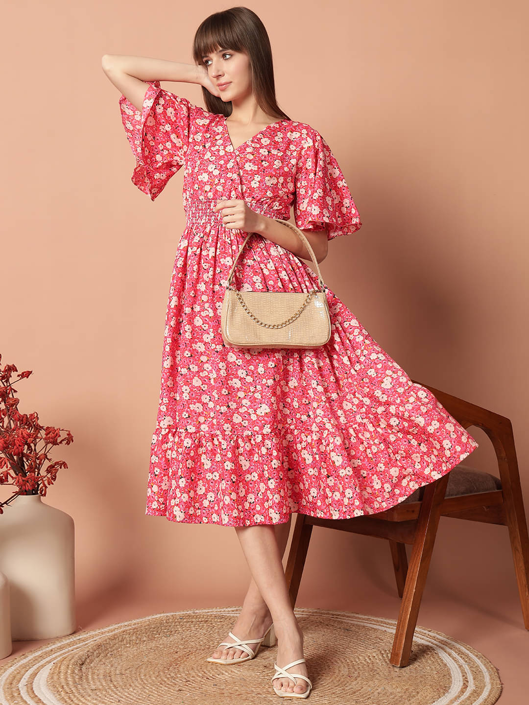Femvy Women Polyester Printed Fit & Flare Dress ( Peach ) Femvy Women Polyester Printed Fit & Flare Dress ( Peach )