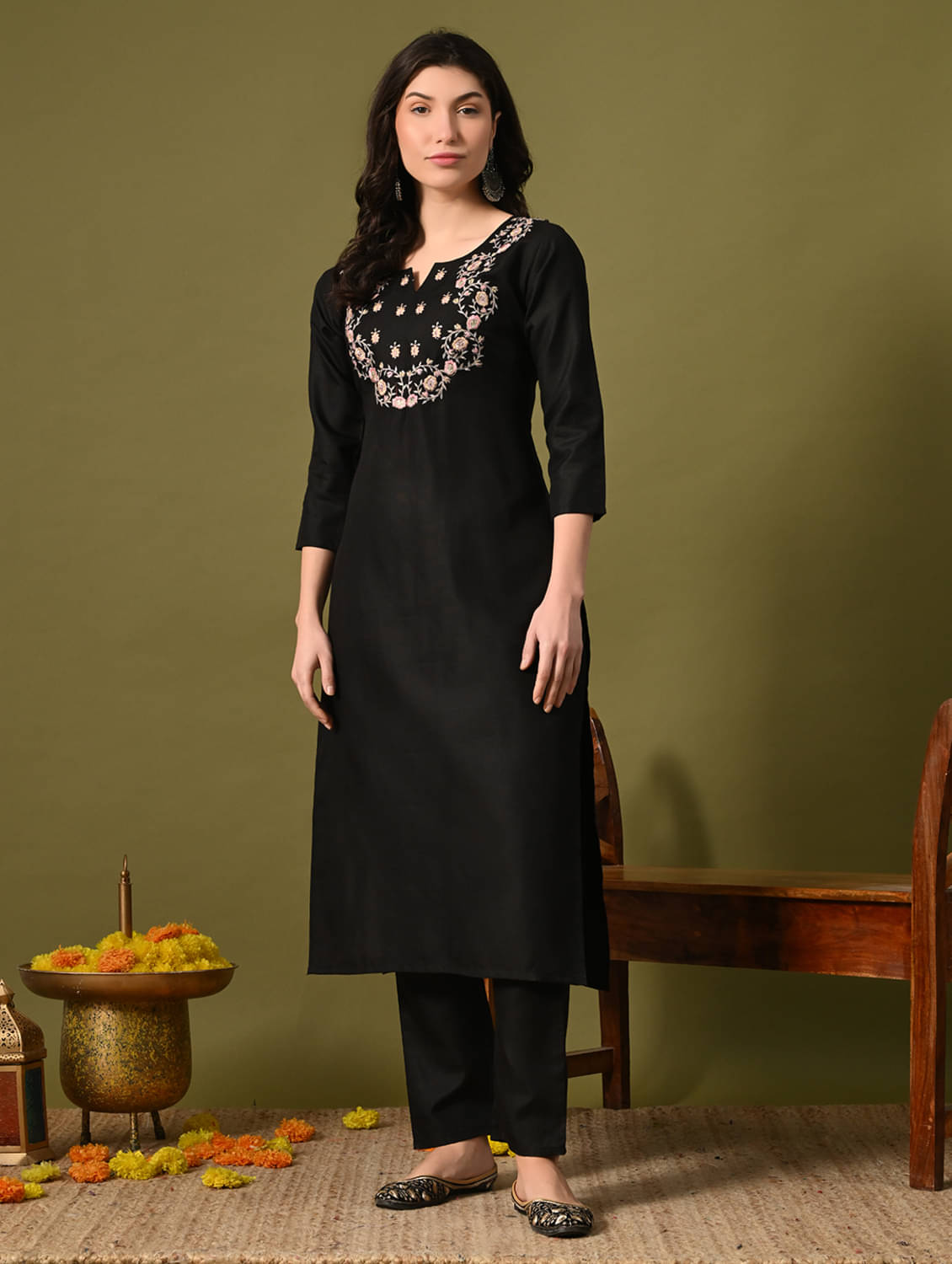 Mesqlu Lifestyle Cotton Blend Embroidered Kurti With Pants Women's Stitched Salwar Suit - Black ( Pack of 1 ) Mesqlu Lifestyle Cotton Blend Embroidered Kurti With Pants Women's Stitched Salwar Suit - Black ( Pack of 1 )