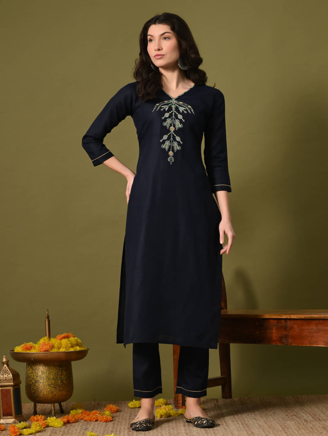     			Mesqlu Lifestyle Cotton Blend Embroidered Kurti With Pants Women's Stitched Salwar Suit - Navy Blue ( Pack of 1 )