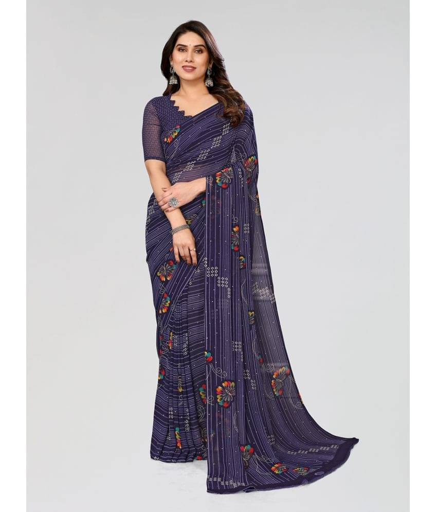     			ANAND SAREES Georgette Printed Saree With Unstitched Blouse Piece ( Navy Blue )