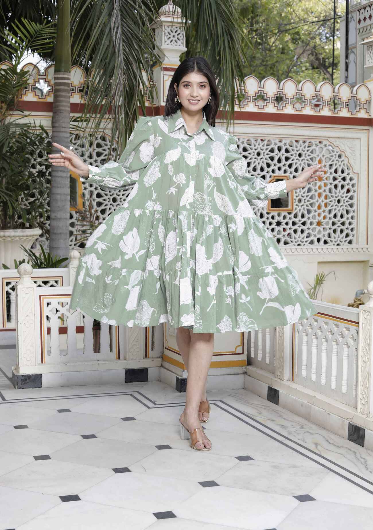     			Angiya Women Cotton Printed Fit & Flare Dress ( Green )