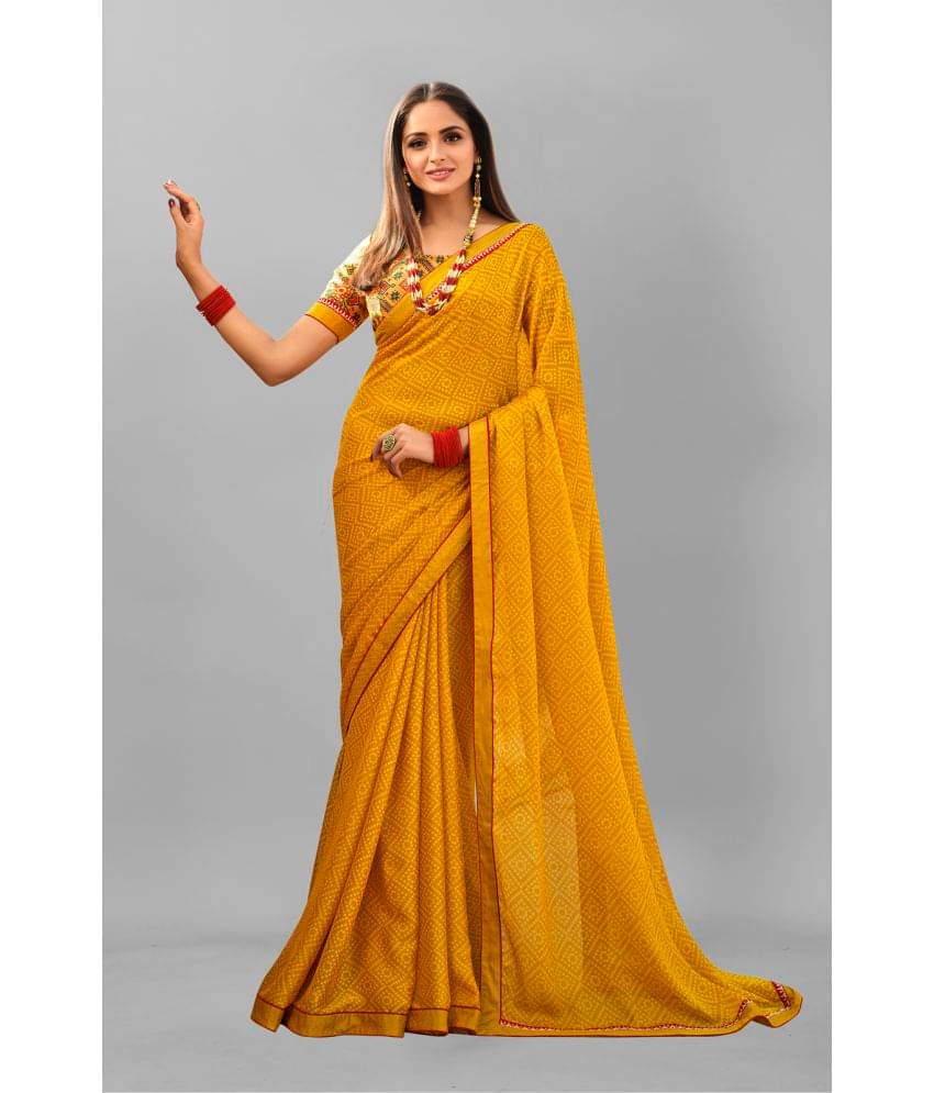 BLEESBURY Georgette Printed Saree With Unstitched Blouse Piece ( Yellow )     			BLEESBURY Georgette Printed Saree With Unstitched Blouse Piece ( Yellow )