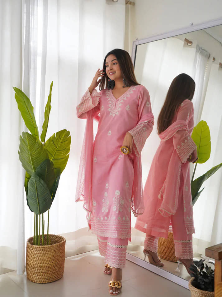 BOUGHT FIRST Cotton Blend Self Design Kurti With Pants Women's Stitched Salwar Suit - Pink ( Pack of 1 )