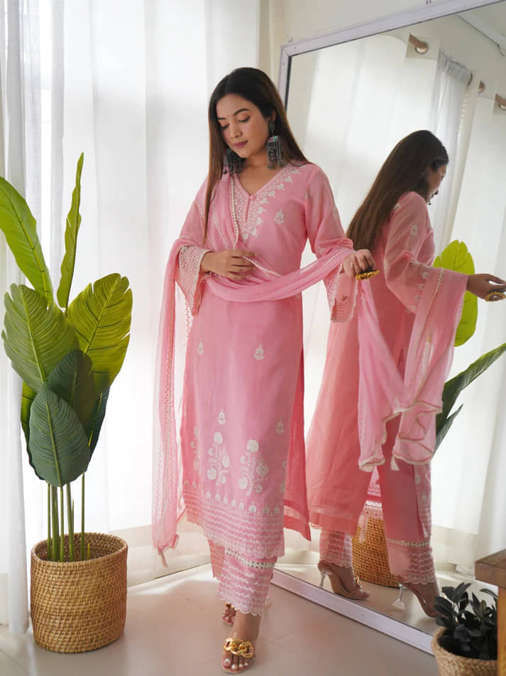     			BOUGHT FIRST Cotton Embroidered Kurti With Pants Women's Stitched Salwar Suit - Pink ( Pack of 1 )