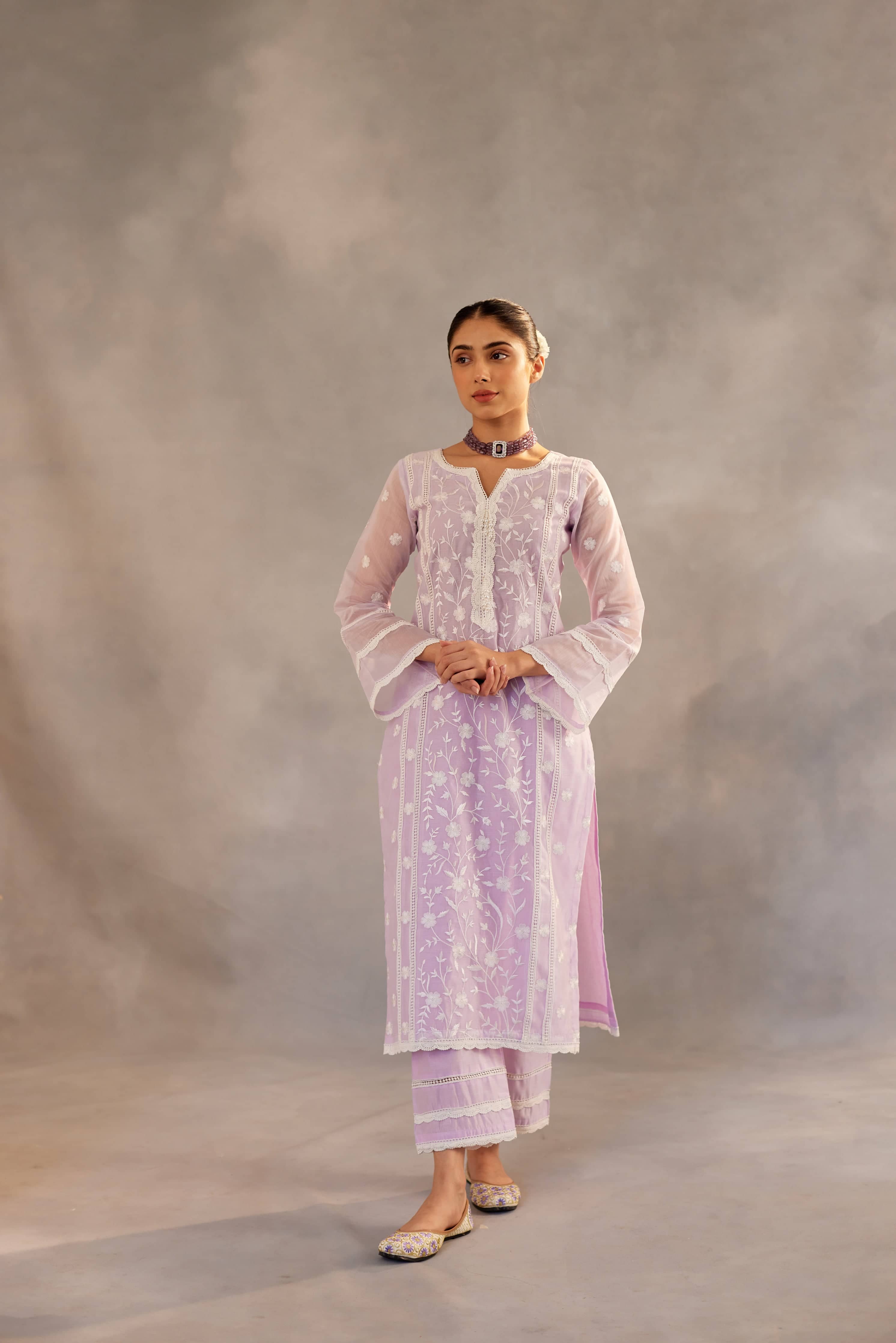 BOUGHT FIRST Organza Self Design Kurti With Pants Women's Stitched Salwar Suit - Lavender ( Pack of 1 )
