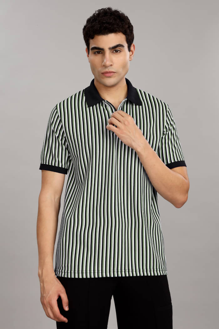     			CAT BUNNY Pack of 1 Cotton Blend Regular Fit Striped Half Sleeves Men's Polo T Shirt ( Green )