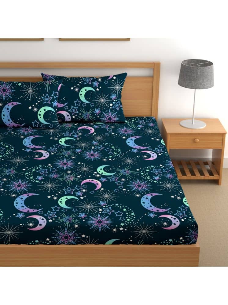 CG HOMES Cotton Floral Fitted 1 Bedsheet with 2 Pillow Covers ( Double Bed ) - Blue