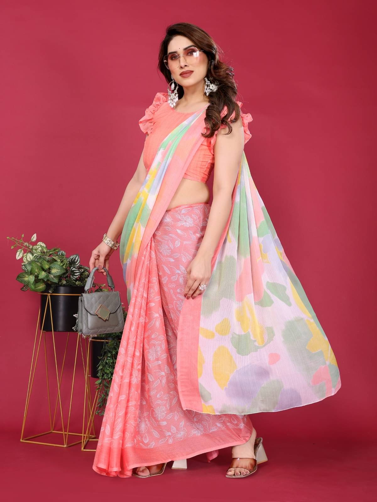     			DIKONA DESIGNER Chiffon Printed Saree With Unstitched Blouse Piece ( Peach )