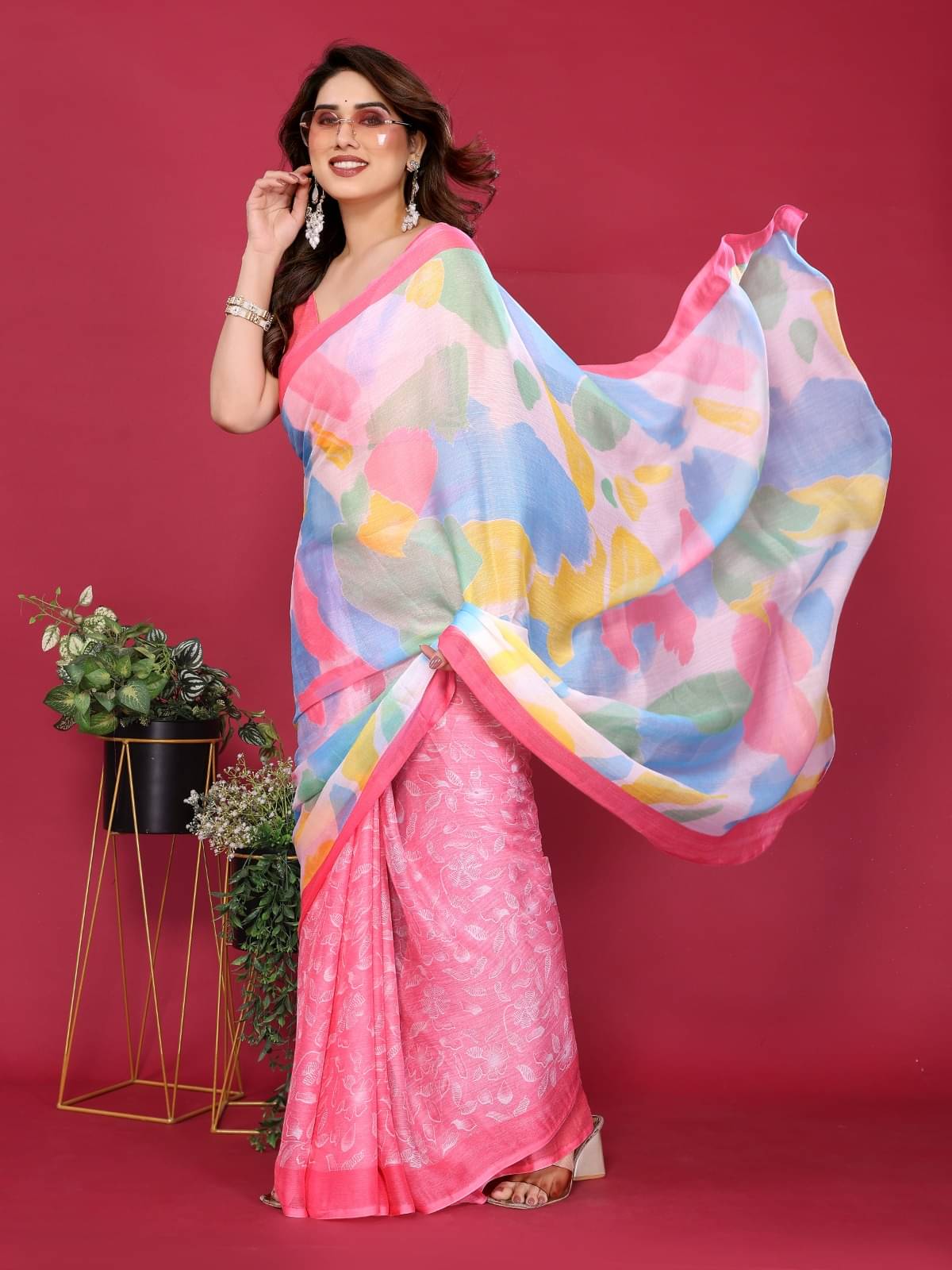     			DIKONA DESIGNER Chiffon Printed Saree With Unstitched Blouse Piece ( Pink )