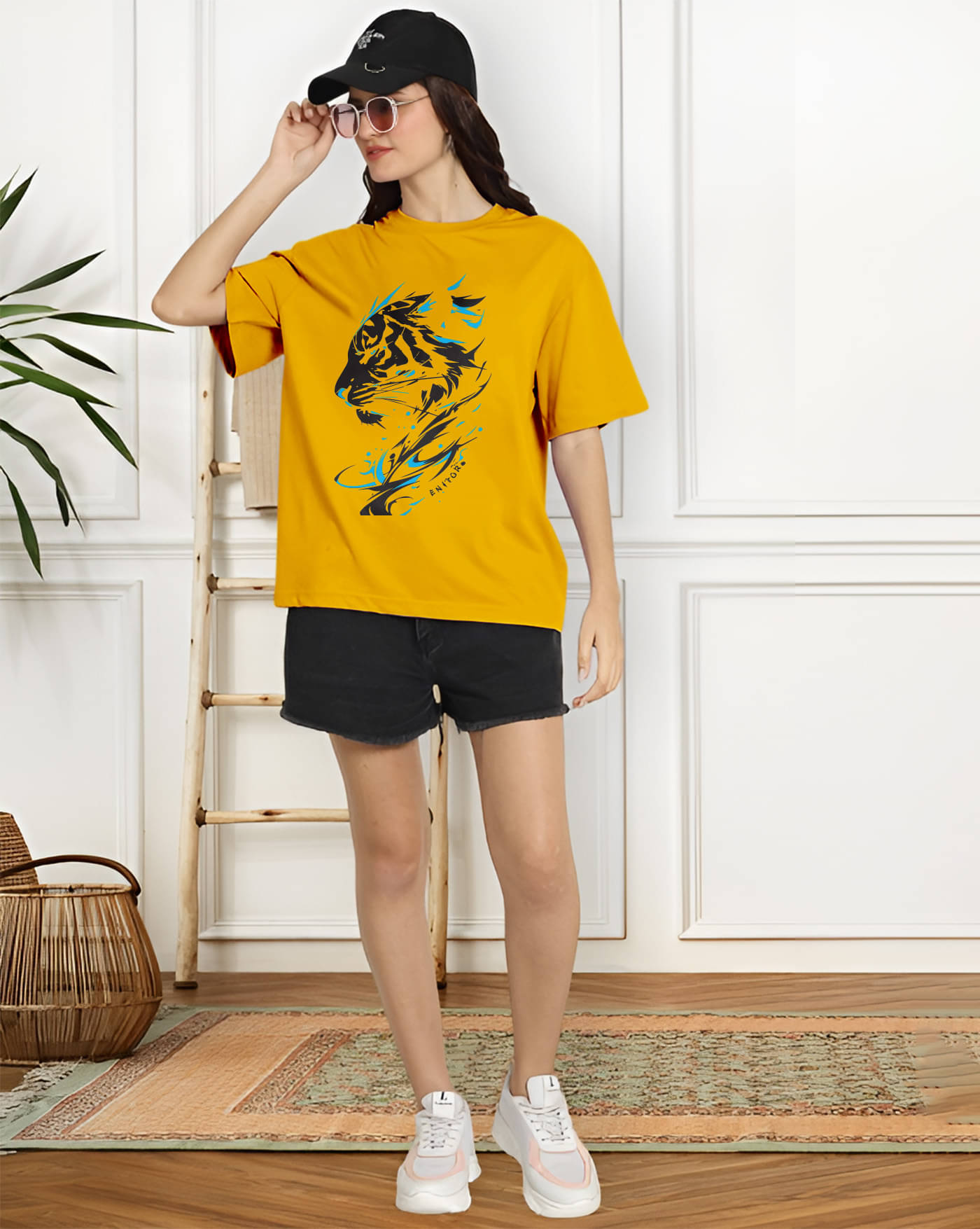 ENITOR Women Cotton Printed Oversized Fit Round Neck T-Shirt ( Mustard ) ENITOR Women Cotton Printed Oversized Fit Round Neck T-Shirt ( Mustard )