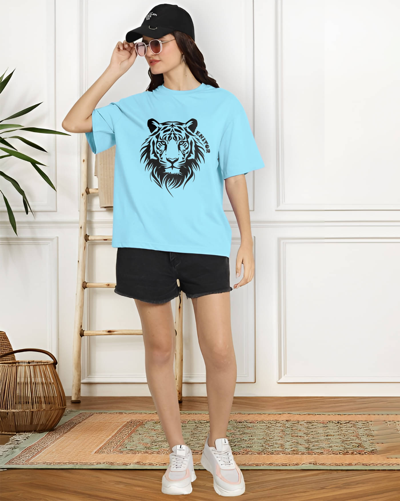 ENITOR Women Cotton Printed Oversized Fit Round Neck T-Shirt ( Light Blue ) ENITOR Women Cotton Printed Oversized Fit Round Neck T-Shirt ( Light Blue )