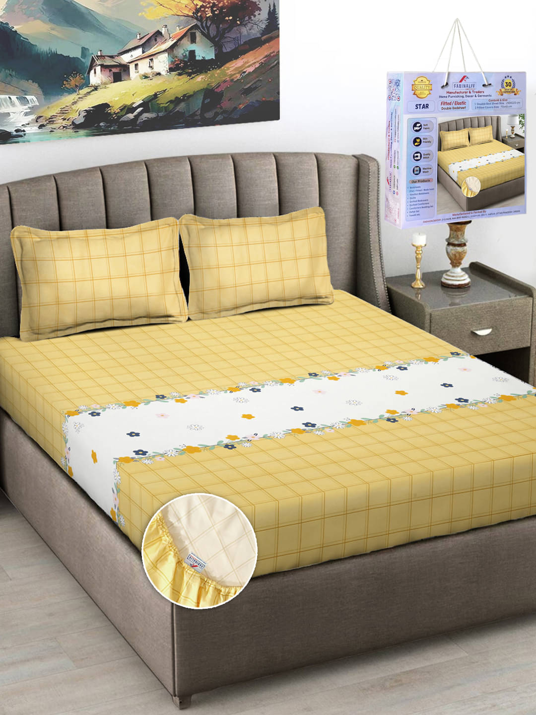     			FABINALIV Poly Cotton Big Checks Fitted Fitted bedsheet with 2 Pillow Covers ( King Size ) - Yellow