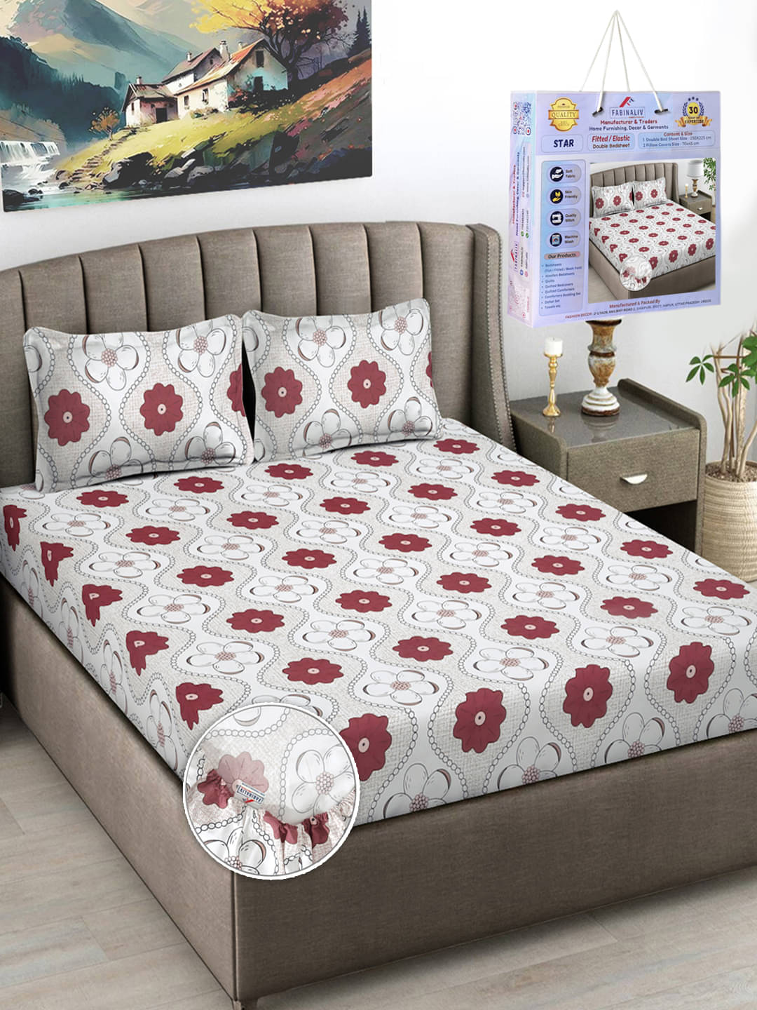 FABINALIV Poly Cotton Floral Fitted Fitted bedsheet with 2 Pillow Covers ( King Size ) - Maroon FABINALIV Poly Cotton Floral Fitted Fitted bedsheet with 2 Pillow Covers ( King Size ) - Maroon