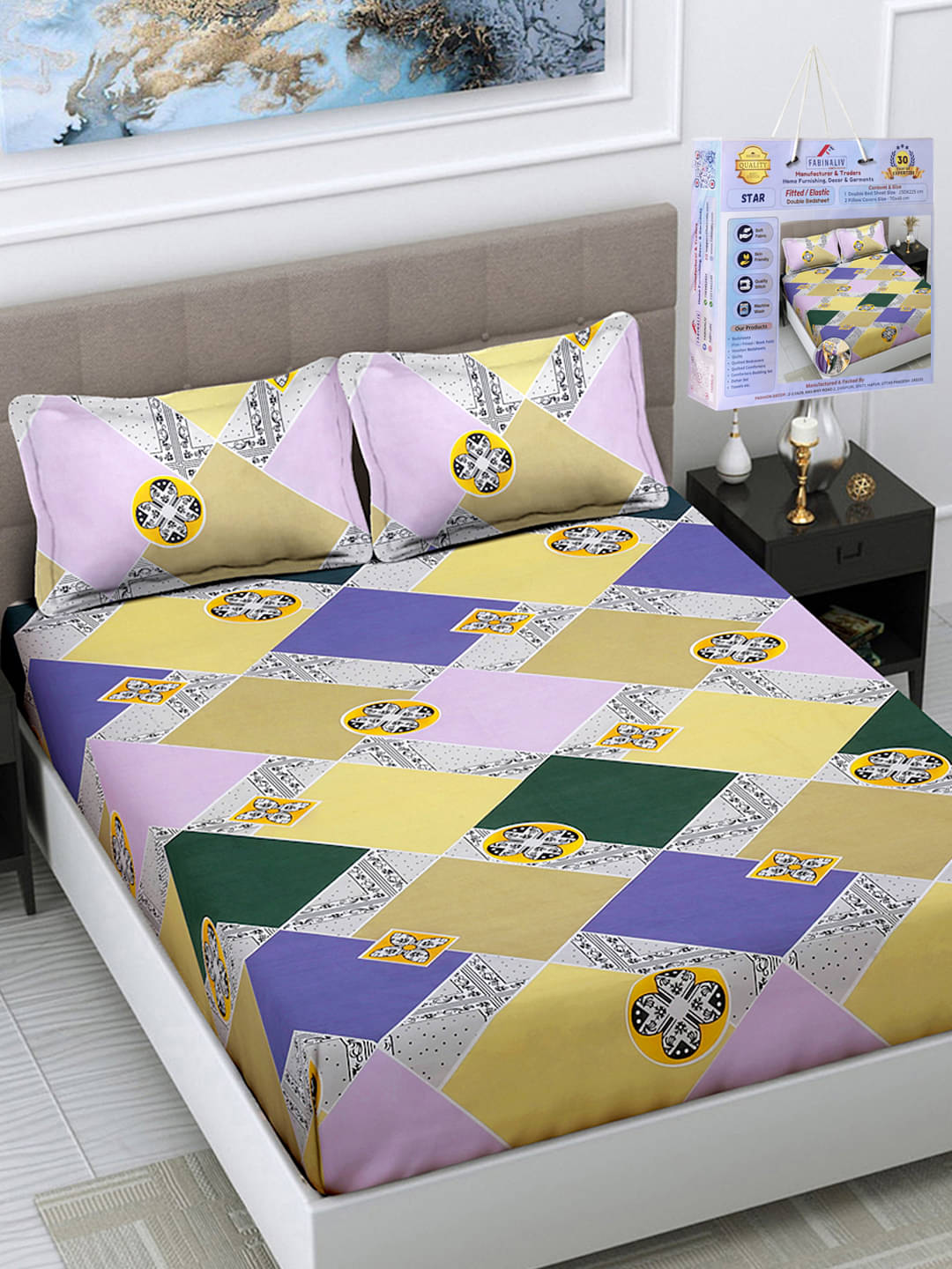 FABINALIV Poly Cotton Geometric Fitted Fitted bedsheet with 2 Pillow Covers ( King Size ) - Yellow FABINALIV Poly Cotton Geometric Fitted Fitted bedsheet with 2 Pillow Covers ( King Size ) - Yellow