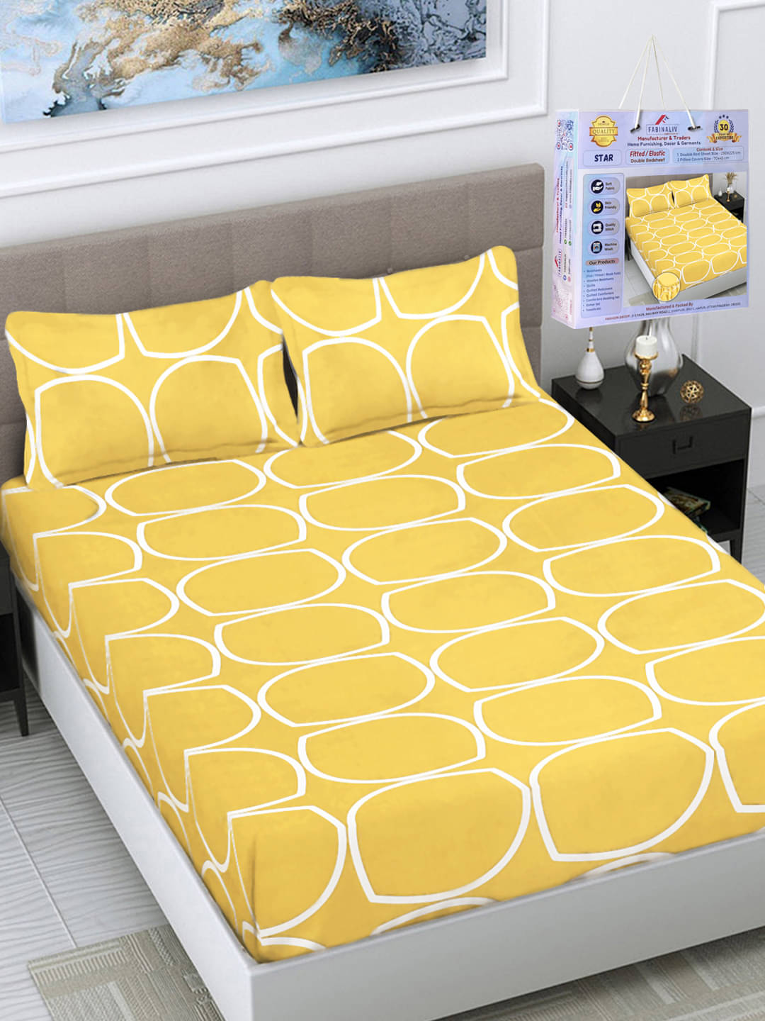     			FABINALIV Poly Cotton Geometric Fitted Fitted bedsheet with 2 Pillow Covers ( Double Bed ) - Yellow
