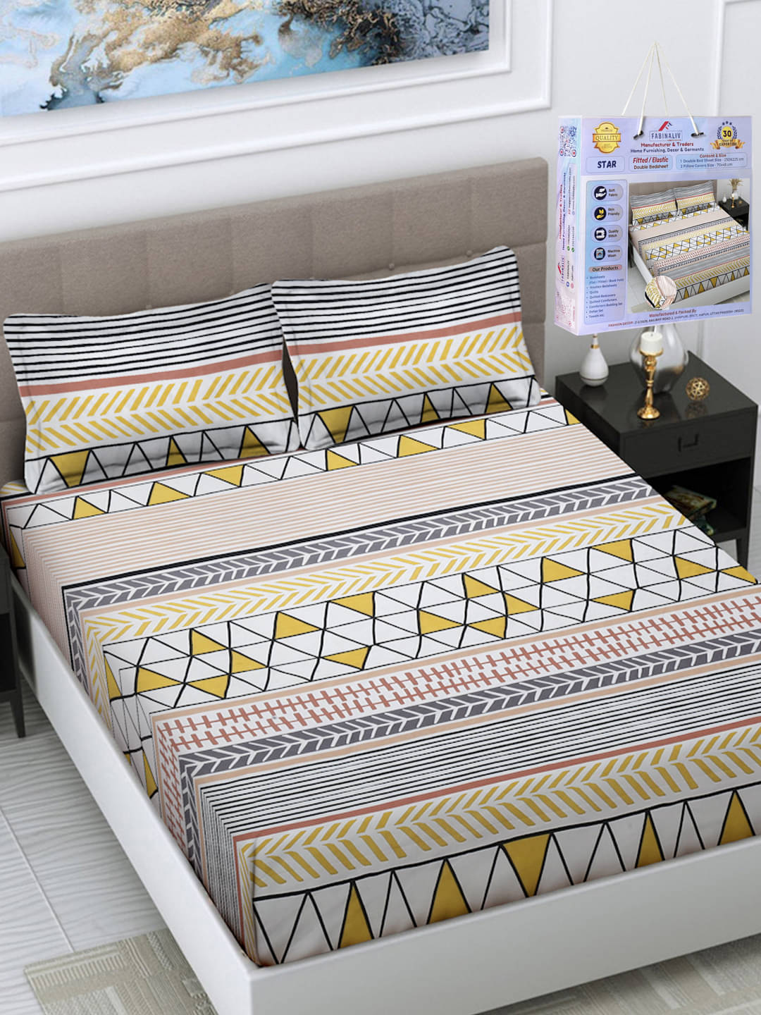     			FABINALIV Poly Cotton Horizontal Striped Fitted Fitted bedsheet with 2 Pillow Covers ( King Size ) - Multi