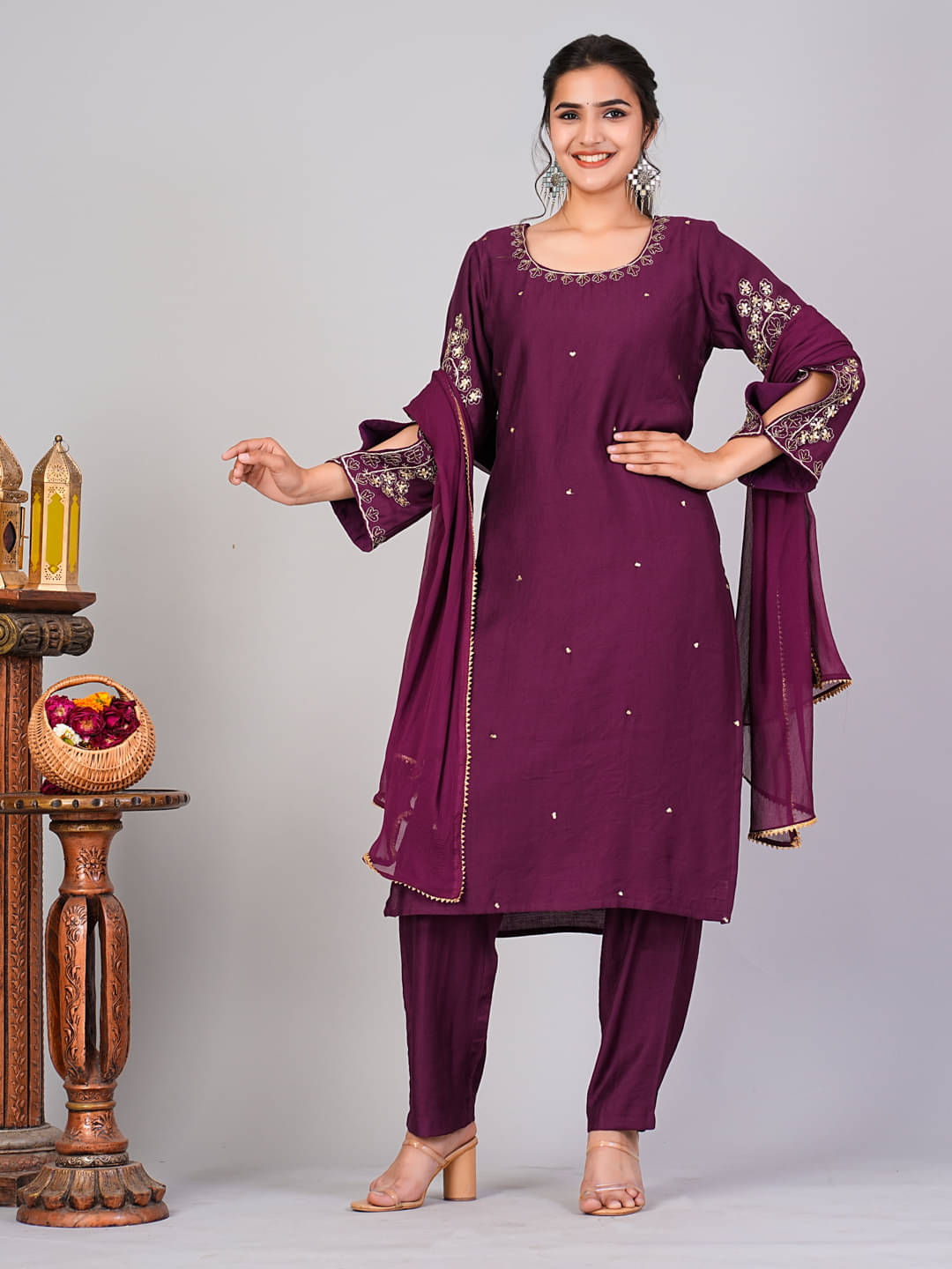    			Flamboyant Cotton Embellished Kurti With Pants Women's Stitched Salwar Suit - Maroon ( Pack of 1 )
