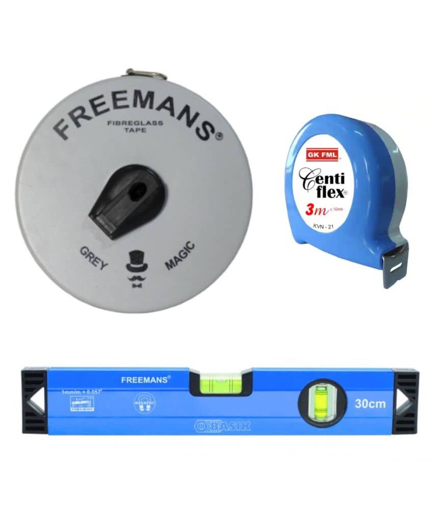 Freemans Tools Hardware Grey Magic 15 Mtr Measuring Tape/Centi Flex 3 Mtr Measuring Tape/Spirt Level 30 cm.