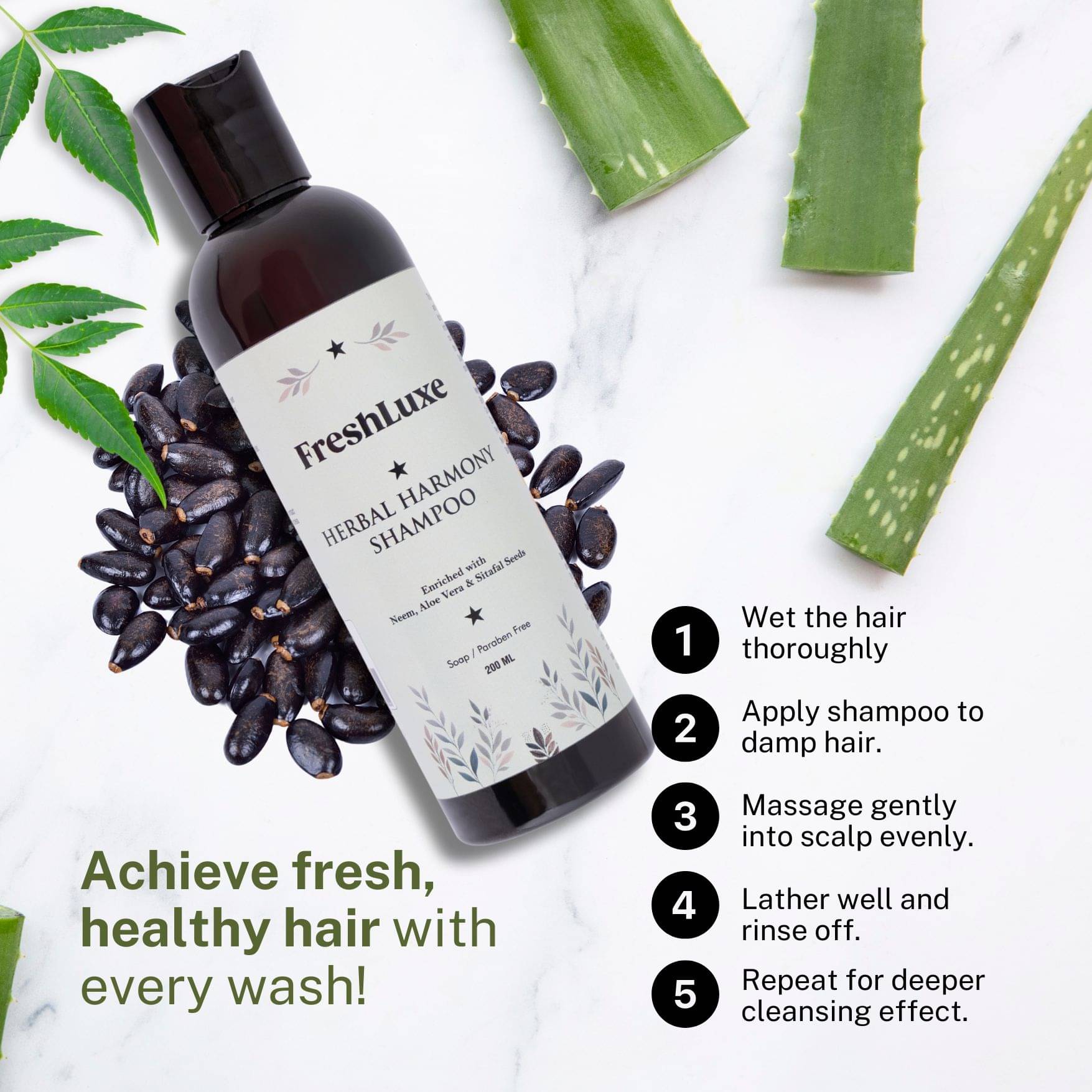     			FreshLuxe Herbal Harmony Shampoo with Aloe Vera, Neem & Sitafal Seeds Unisex 200ml (Pack of 1)