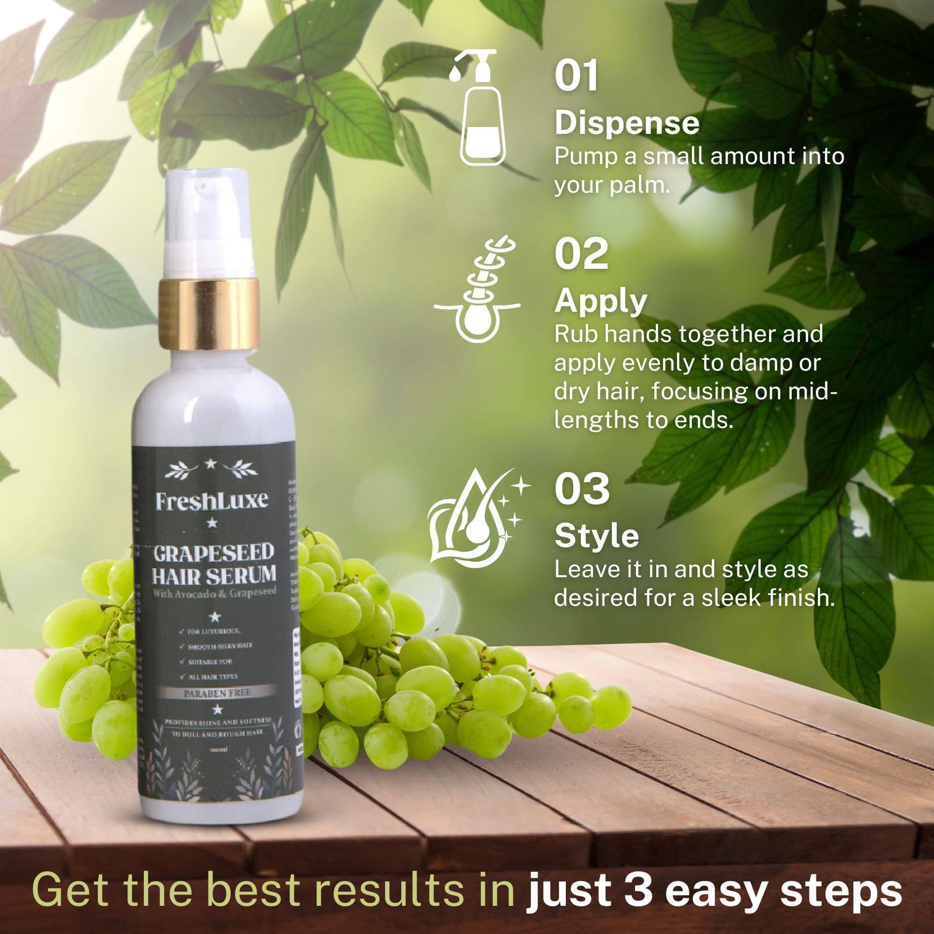 FreshLuxe Grape Seed Hair Serum Avocado & Grape Seed Oil Frizz Control & Dandruff-free Unisex 100ml (Pack of 1) FreshLuxe Grape Seed Hair Serum Avocado & Grape Seed Oil Frizz Control & Dandruff-free Unisex 100ml (Pack of 1)