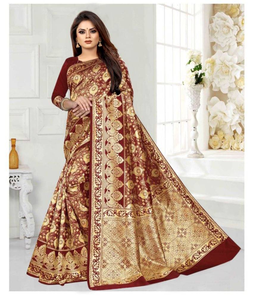     			Gazal Fashions Banarasi Silk Embellished Saree With Unstitched Blouse Piece ( Maroon )