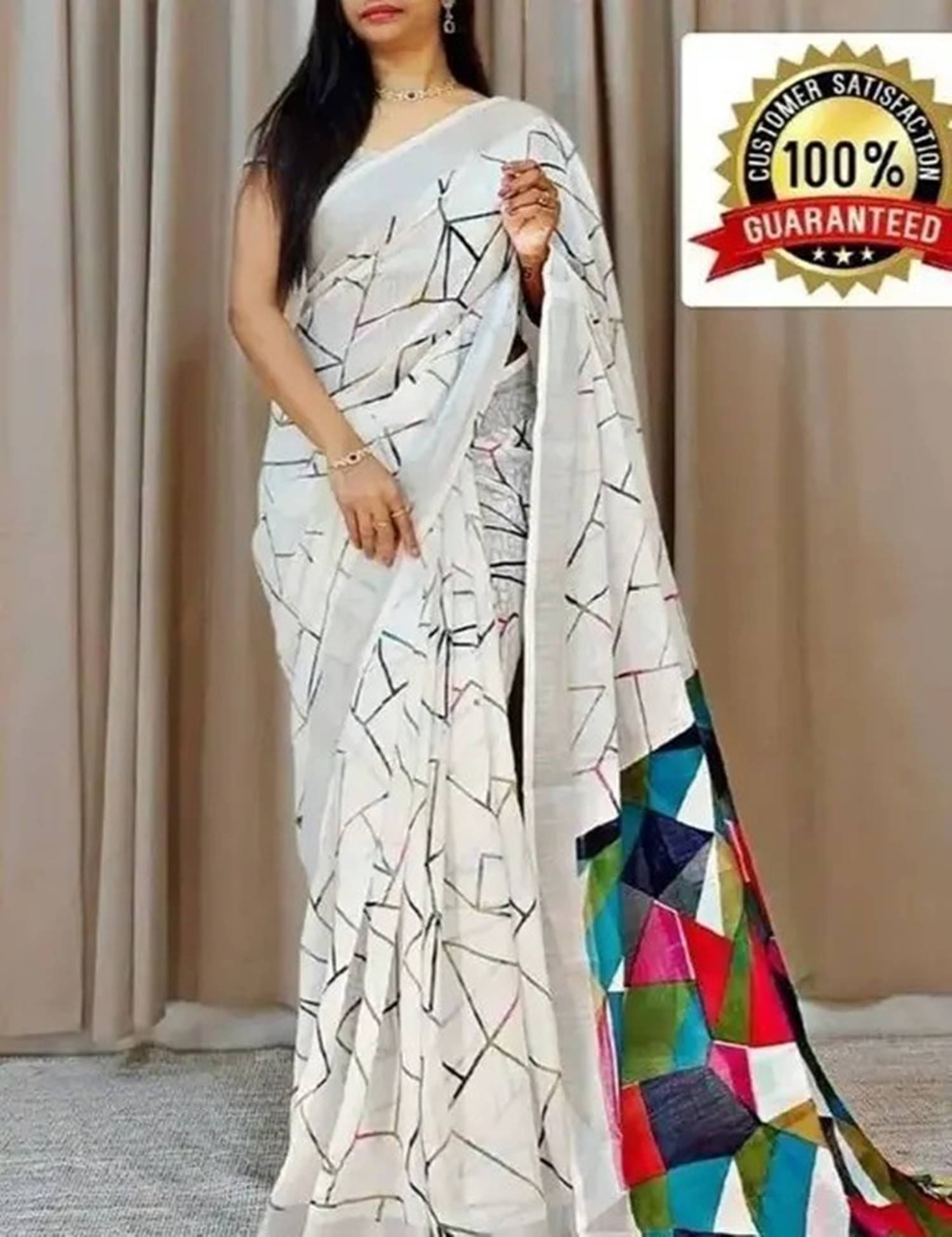     			Grubstaker Linen Printed Saree With Unstitched Blouse Piece ( Multicolor 6 )