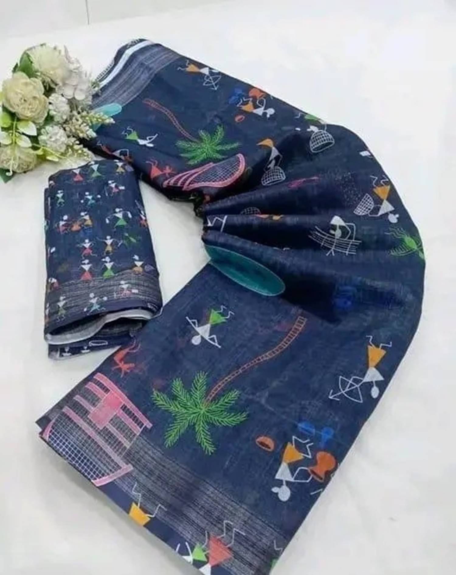    			Grubstaker Linen Printed Saree With Unstitched Blouse Piece ( Multicolor 5 )