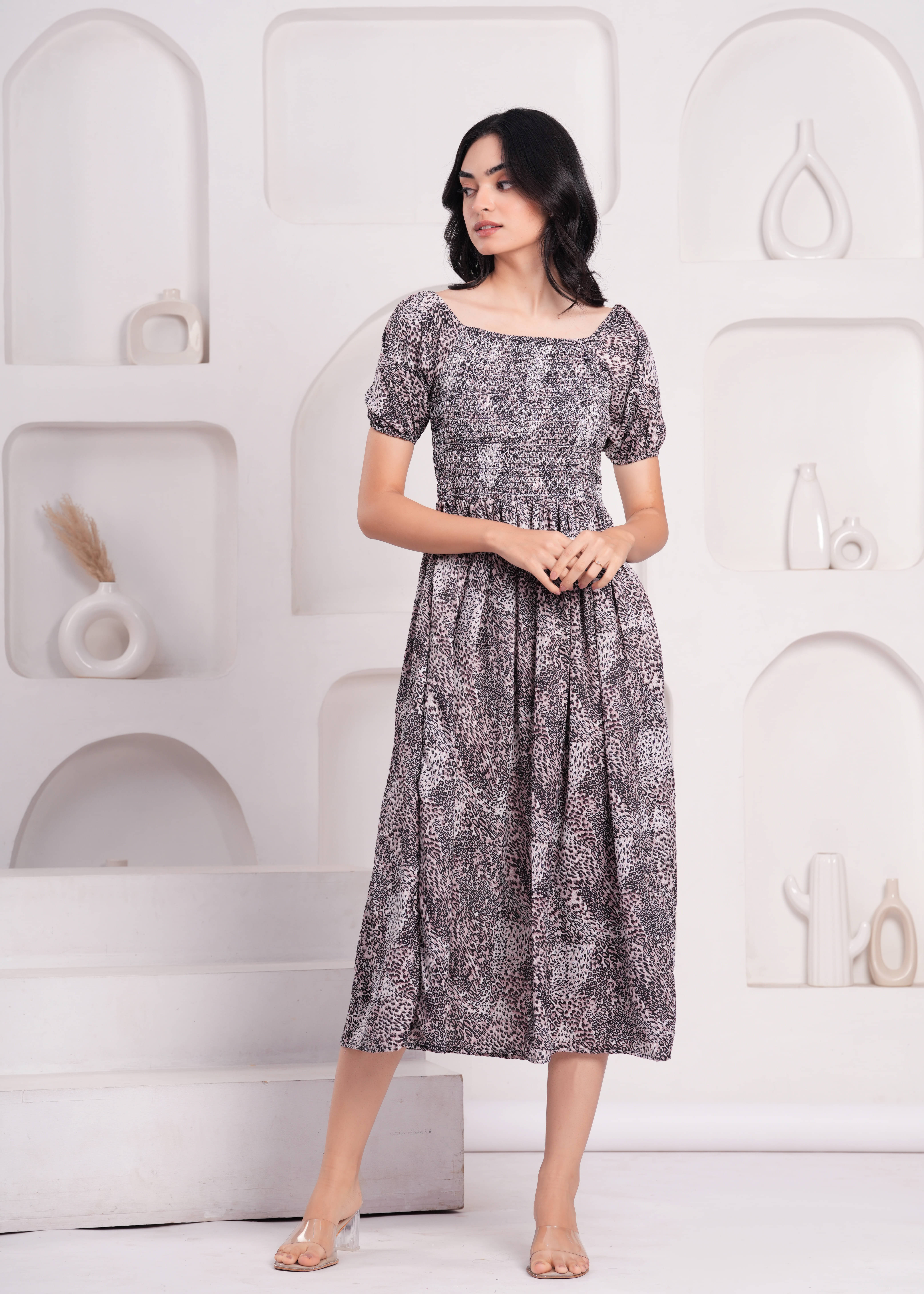     			JAI SHIVAM TRADERS Women Crepe Printed Fit & Flare Dress ( Multicolor 1 )