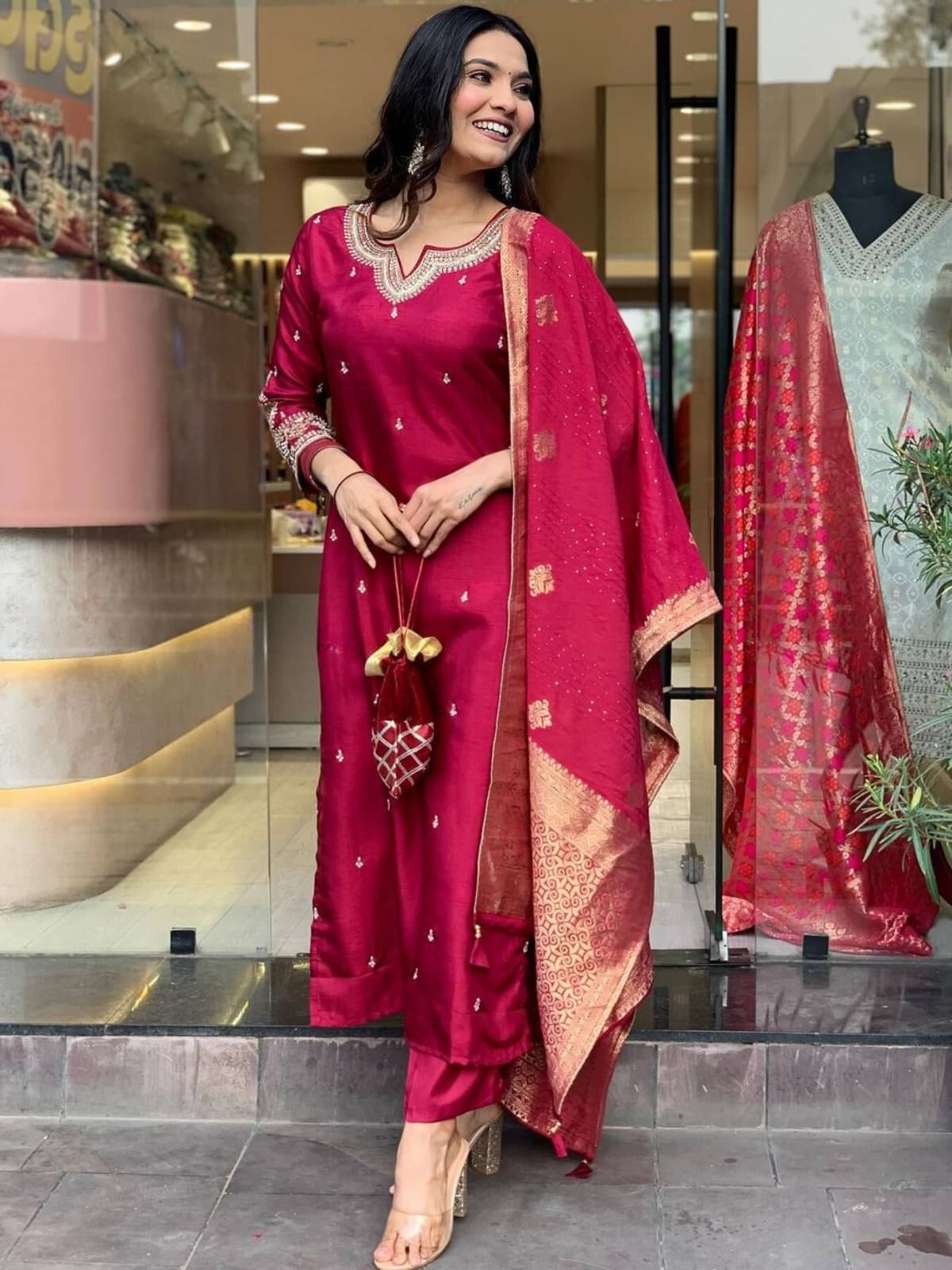 KOTRONS Viscose Embroidered Kurti With Pants Women's Stitched Salwar Suit - Red ( Pack of 1 ) KOTRONS Viscose Embroidered Kurti With Pants Women's Stitched Salwar Suit - Red ( Pack of 1 )