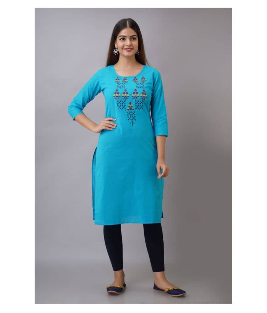 KSHARAA - Turquoise Cotton Women's Straight Kurti ( Pack of 1 ) - Kurtis, Tunics | Buy online on ZillyBuy
