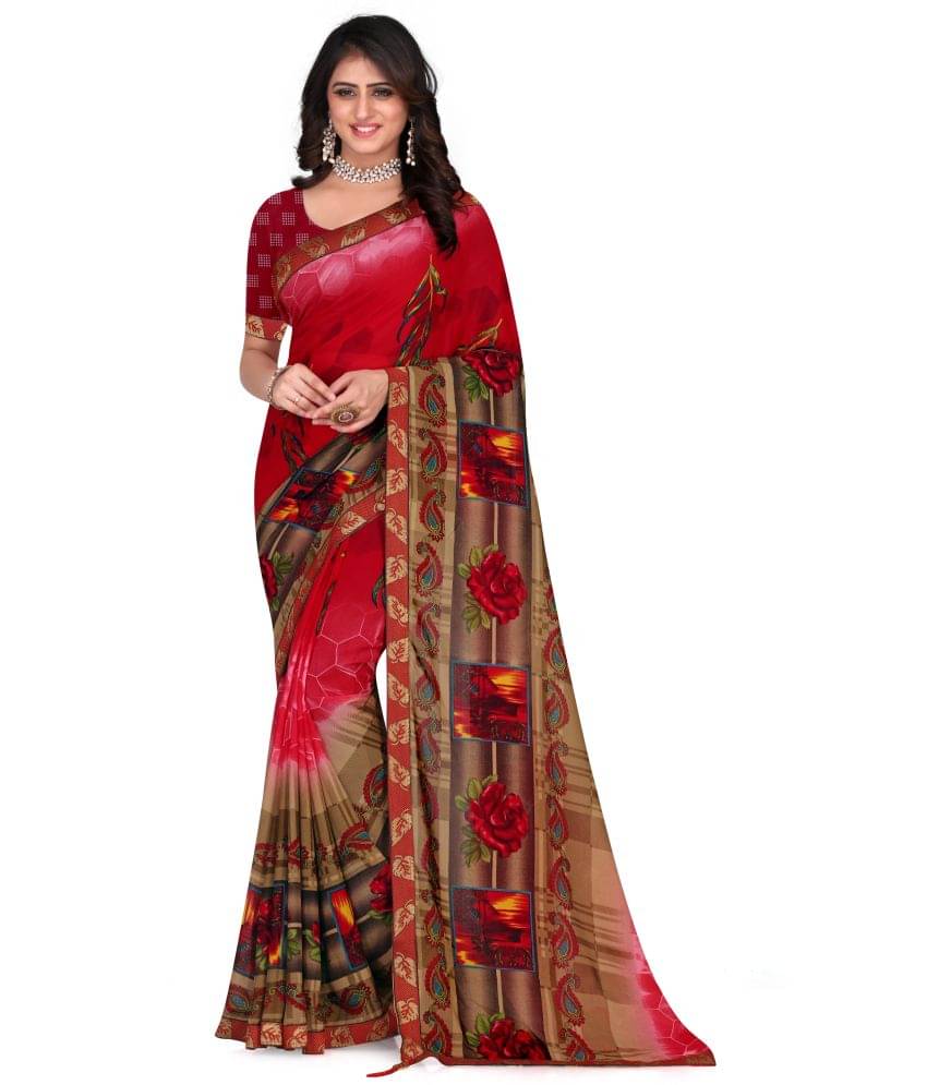 LEELAVATI Georgette Embroidered Saree With Unstitched Blouse Piece ( Red ) LEELAVATI Georgette Embroidered Saree With Unstitched Blouse Piece ( Red )