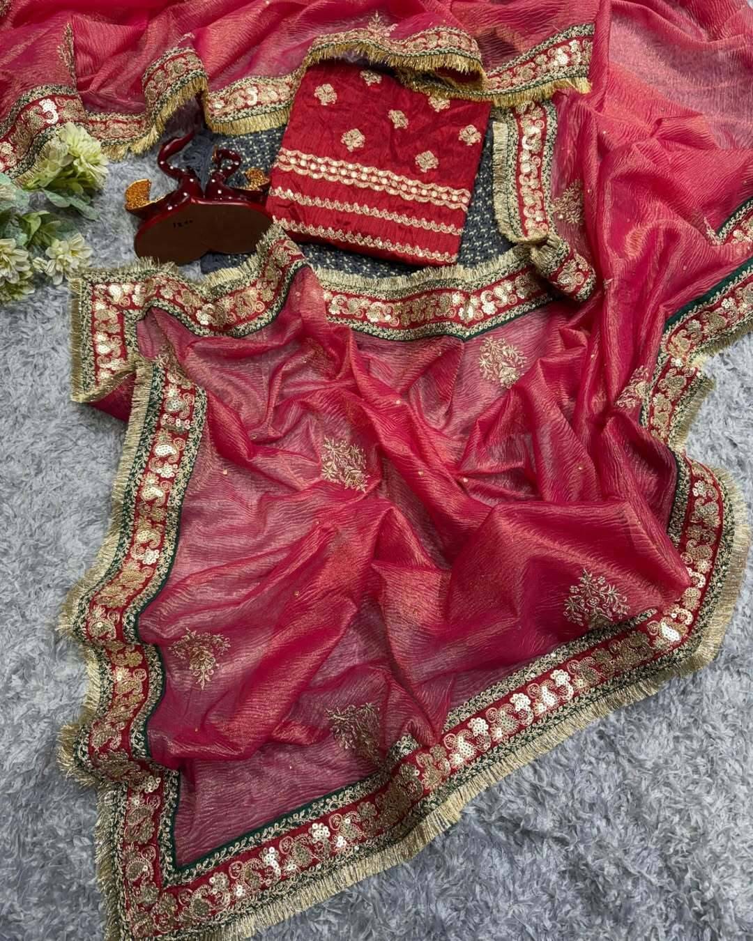 Lady Shopi Net Embellished Saree With Unstitched Blouse Piece ( Red ) Lady Shopi Net Embellished Saree With Unstitched Blouse Piece ( Red )