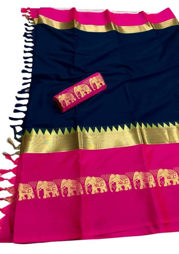    			Mysstre Cotton Silk Embellished Saree With Unstitched Blouse Piece ( Navy Blue )