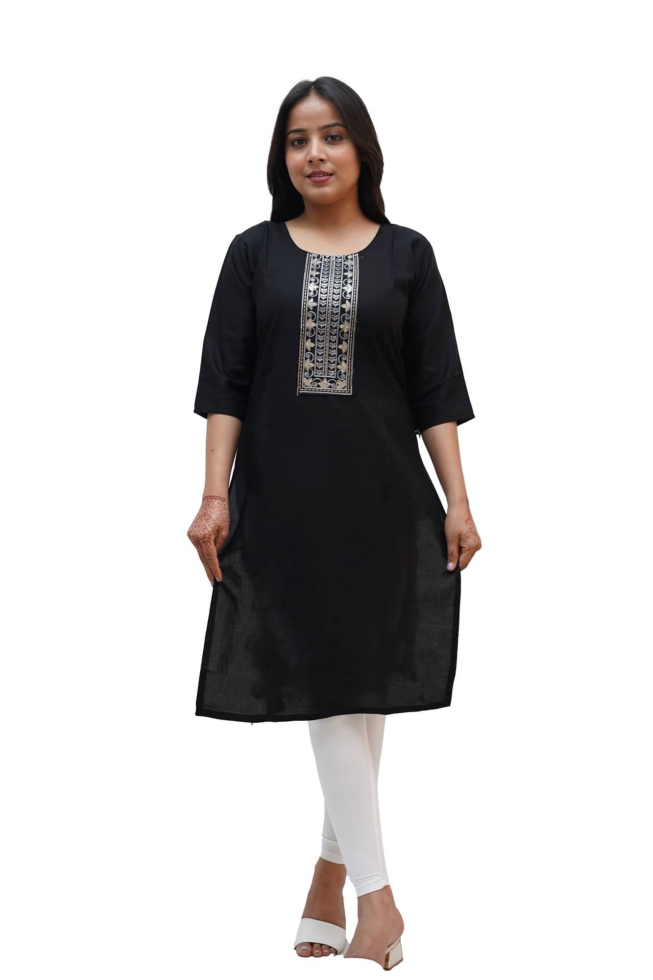     			PickALook Pack of 1 Rayon Embellished Straight Women's Kurti - ( Black )
