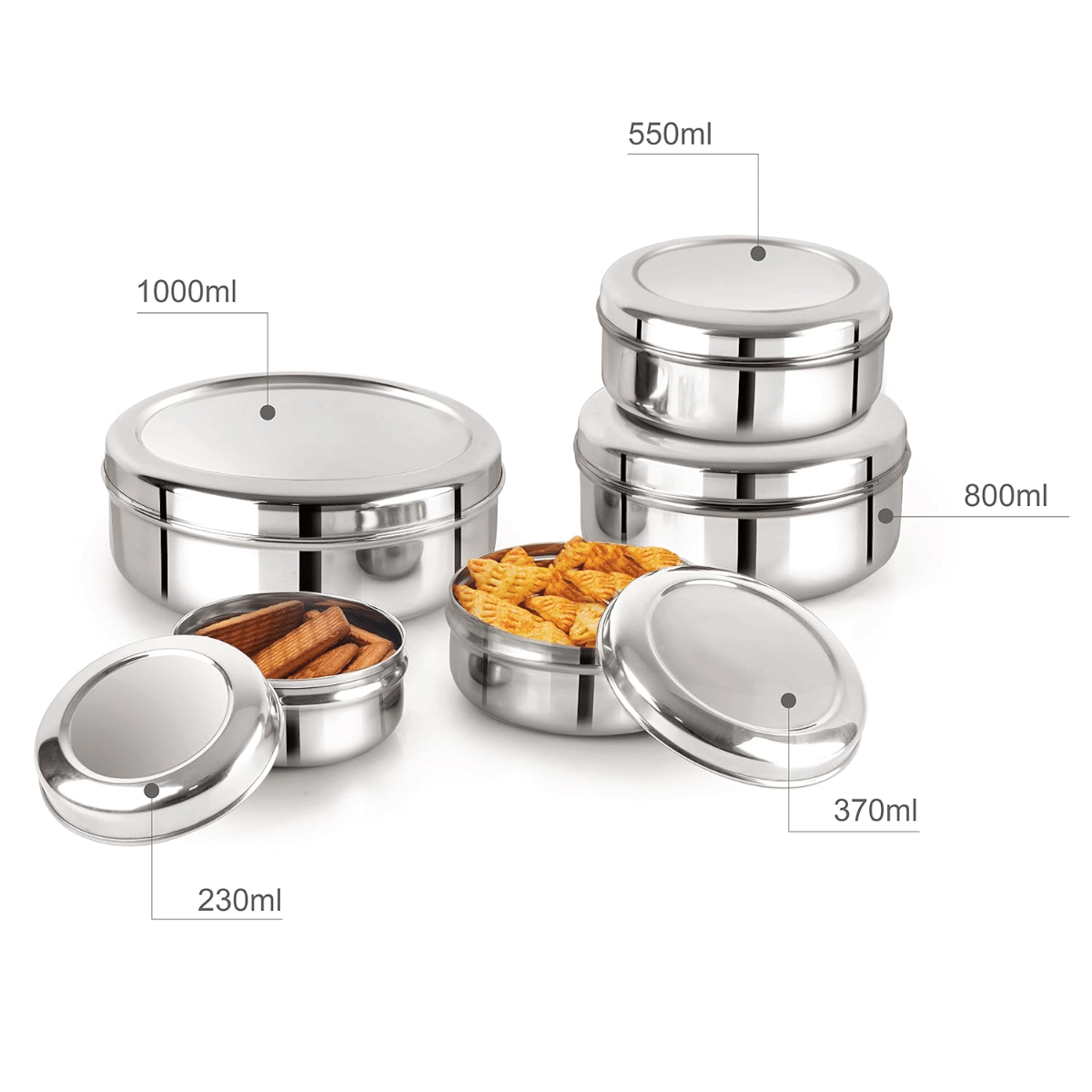 STEEPLE Set of 5 Tifin Steel Silver Multi-Purpose Container ( Set of 5 ) STEEPLE Set of 5 Tifin Steel Silver Multi-Purpose Container ( Set of 5 )