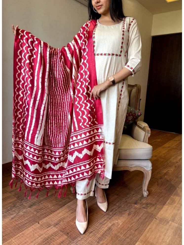     			TRAHIMAM Cotton Blend Embroidered Kurti With Pants Women's Stitched Salwar Suit - White ( Pack of 1 )