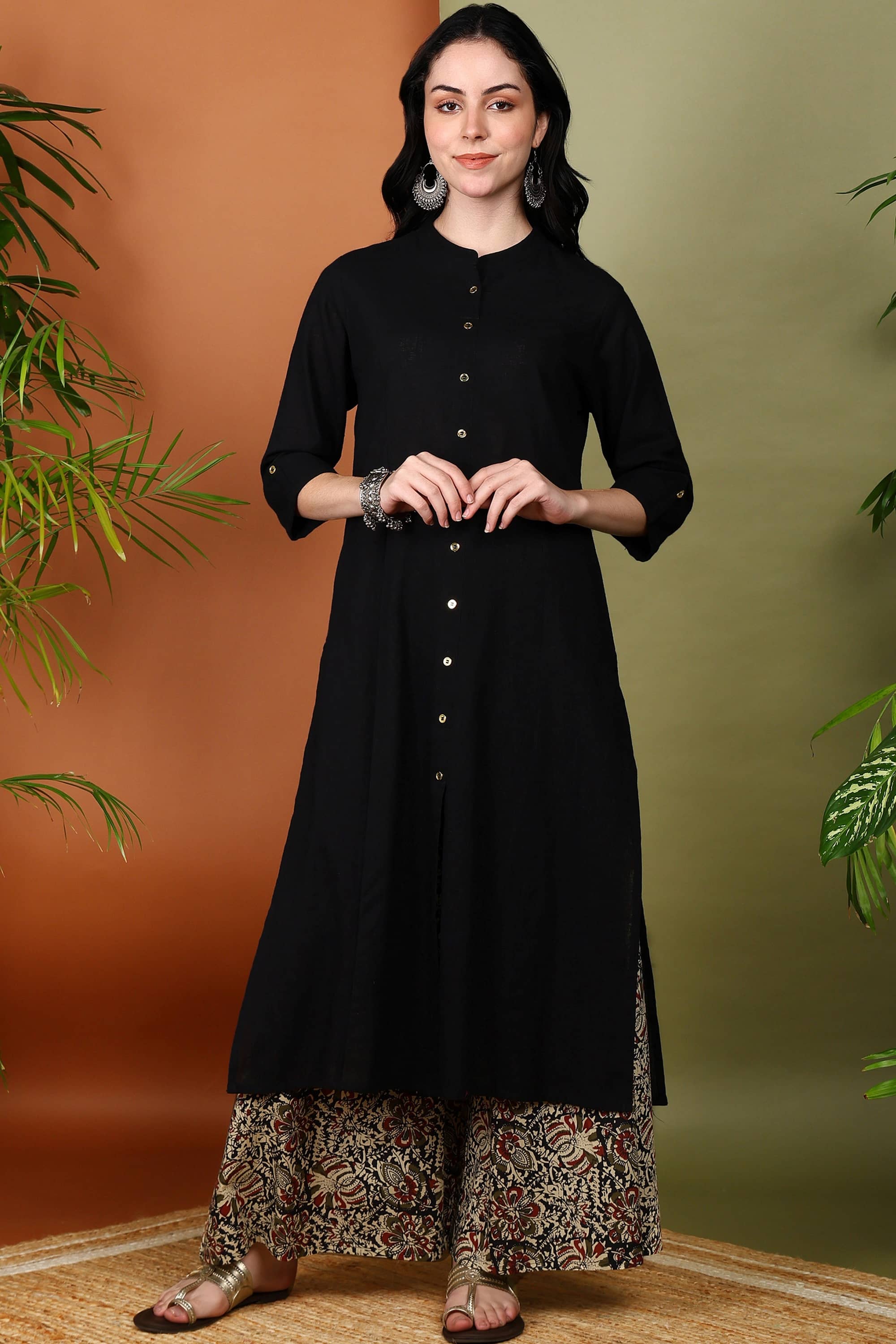 Yash Gallery Cotton Printed Kurti With Palazzo Women's Stitched Salwar Suit - Black ( Pack of 1 )