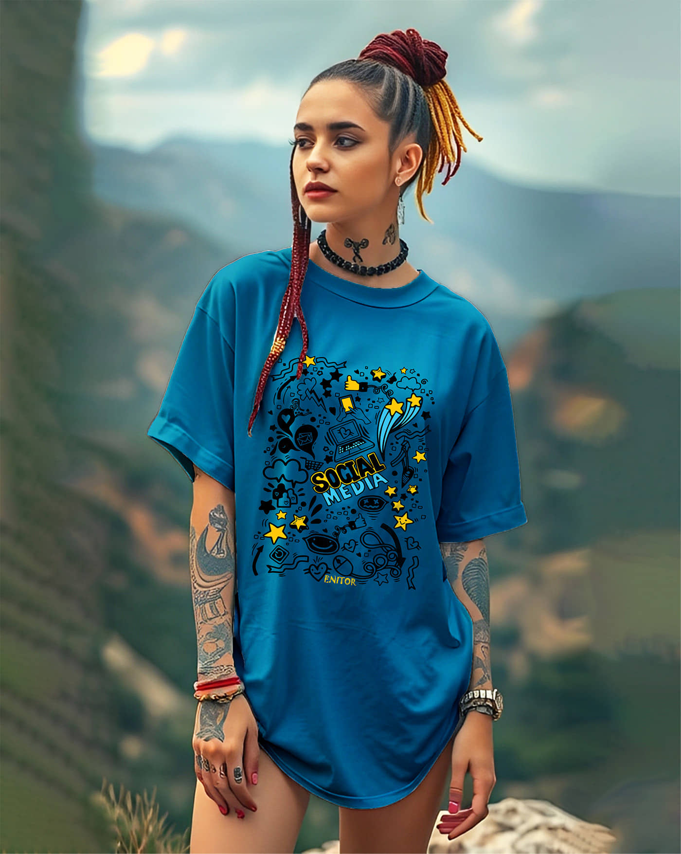 AUSK Women Cotton Blend Printed Oversized Round Neck T-Shirt ( Teal )