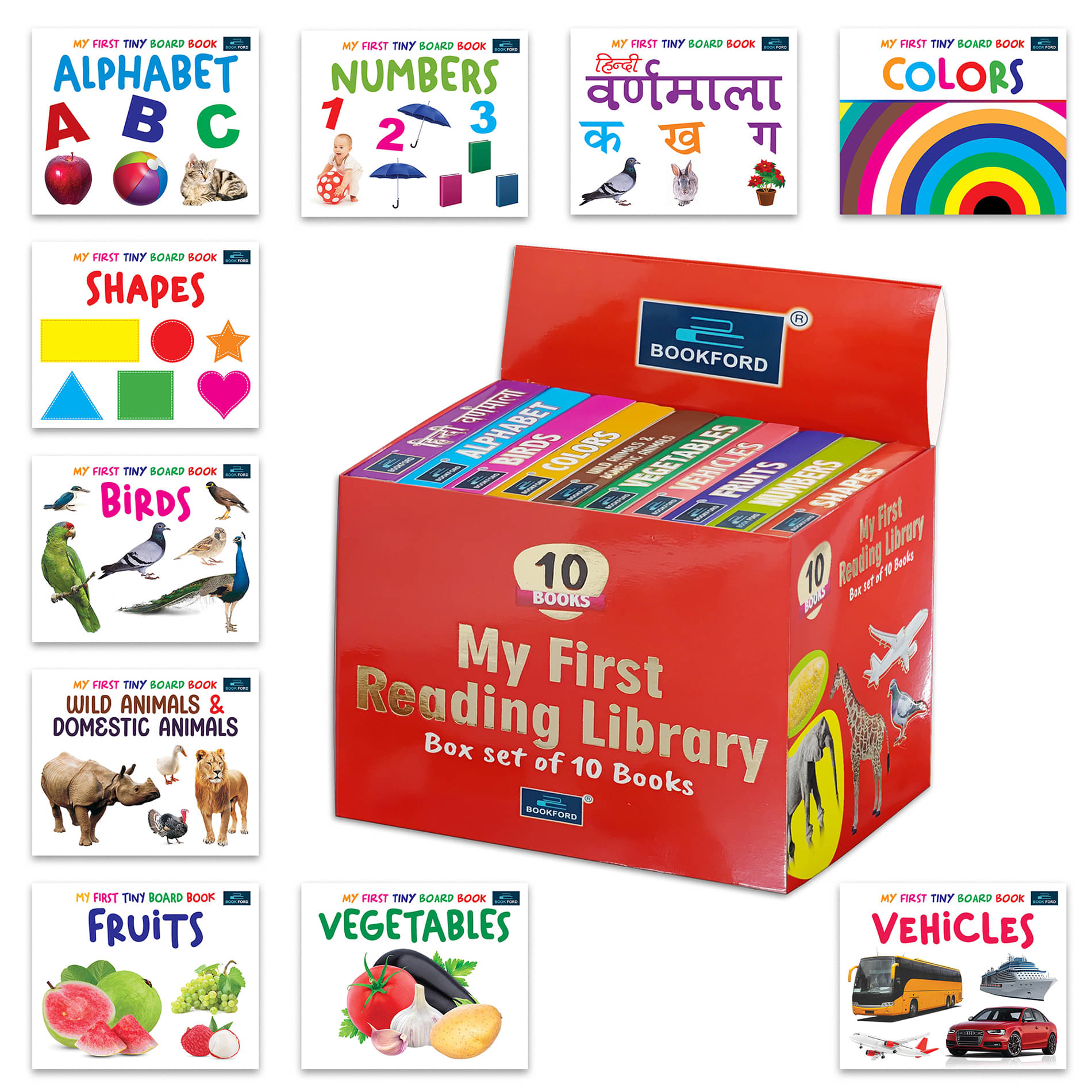     			BookFord My First Tiny Board Book for Kids (Set of 10) - Alphabet, Birds, Colors, Shapes, Hindi Varnamala, Fruits, Vegetables, Numbers, Wild Animals & Domestic Animals - 6 months to 6 years Kids BookFord Publications