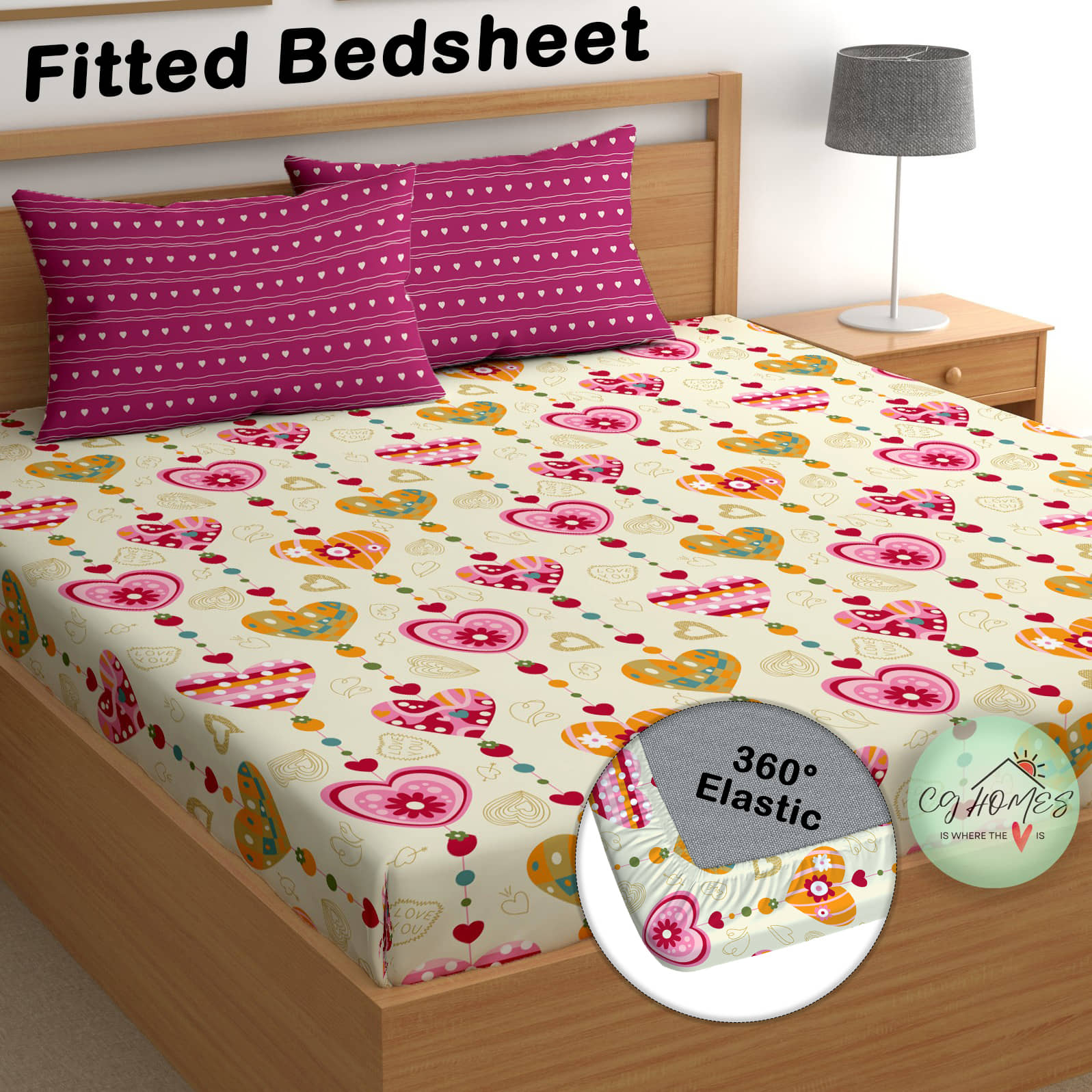 CG HOMES Cotton Abstract Fitted Fitted bedsheet with 2 Pillow Covers ( Double Bed ) - Pink