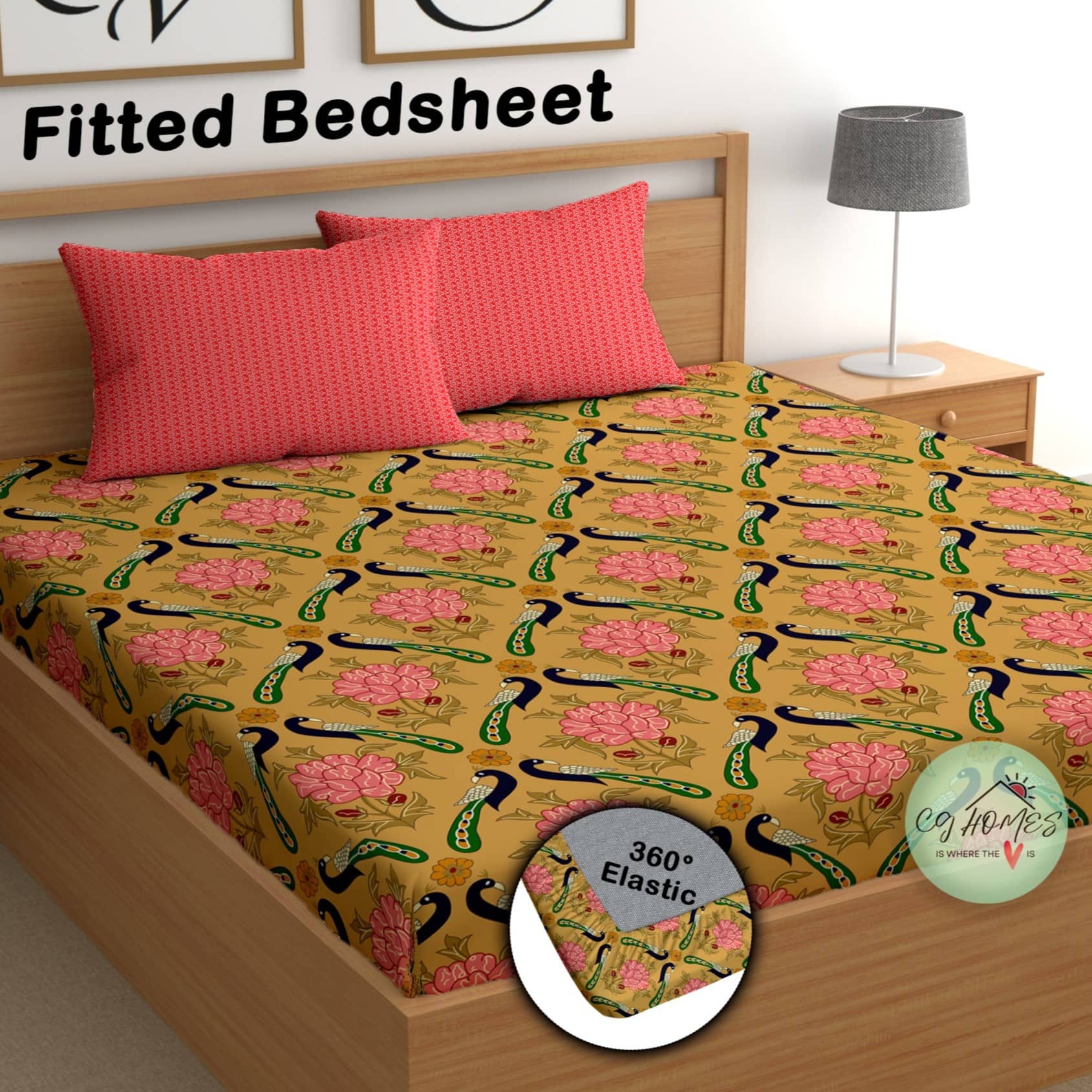 CG HOMES Cotton Floral Fitted Fitted bedsheet with 2 Pillow Covers ( Double Bed ) - Brown