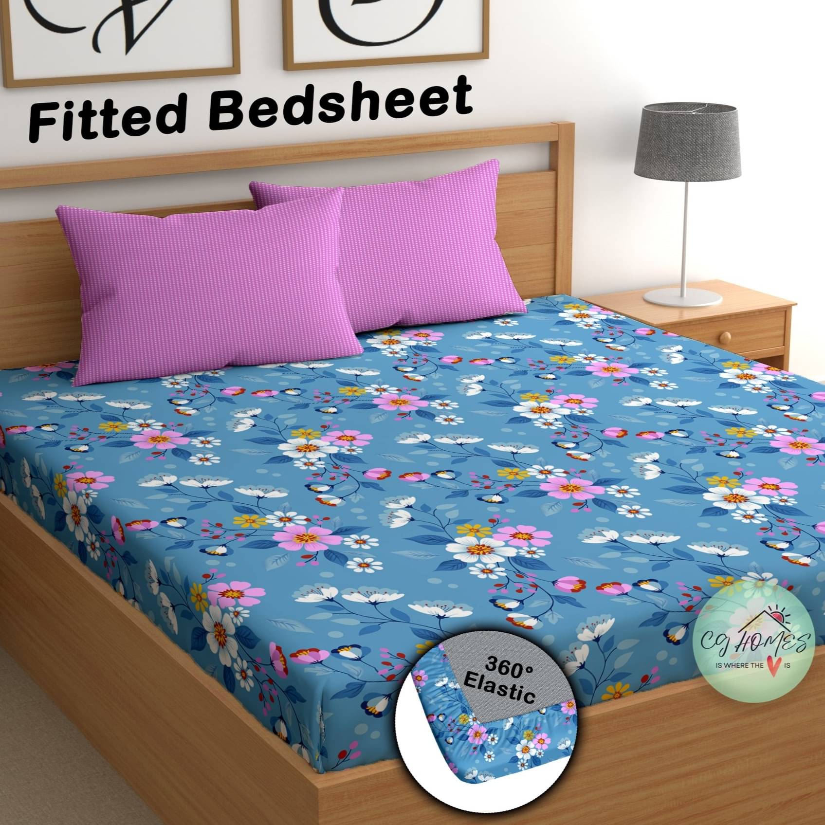 CG HOMES Cotton Floral Fitted Fitted bedsheet with 2 Pillow Covers ( Double Bed ) - Blue CG HOMES Cotton Floral Fitted Fitted bedsheet with 2 Pillow Covers ( Double Bed ) - Blue