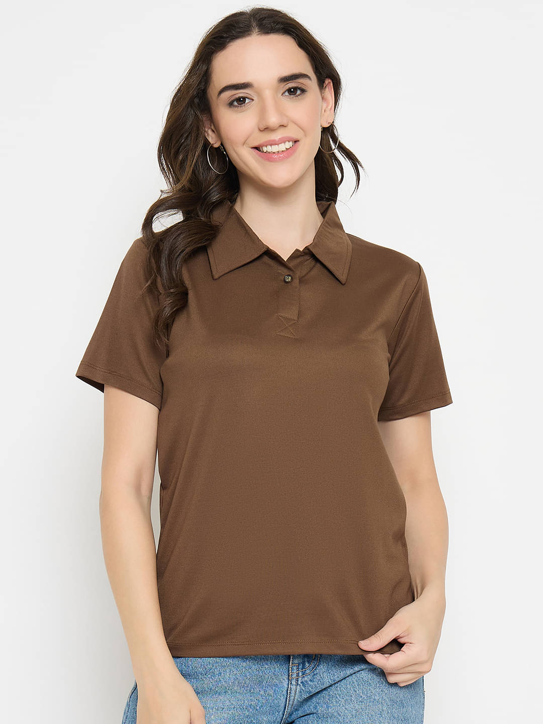 Camey Women Cotton Blend Solid Regular Polo Collar T-Shirt ( Brown )     			Camey Women Cotton Blend Solid Regular Polo Collar T-Shirt ( Brown )