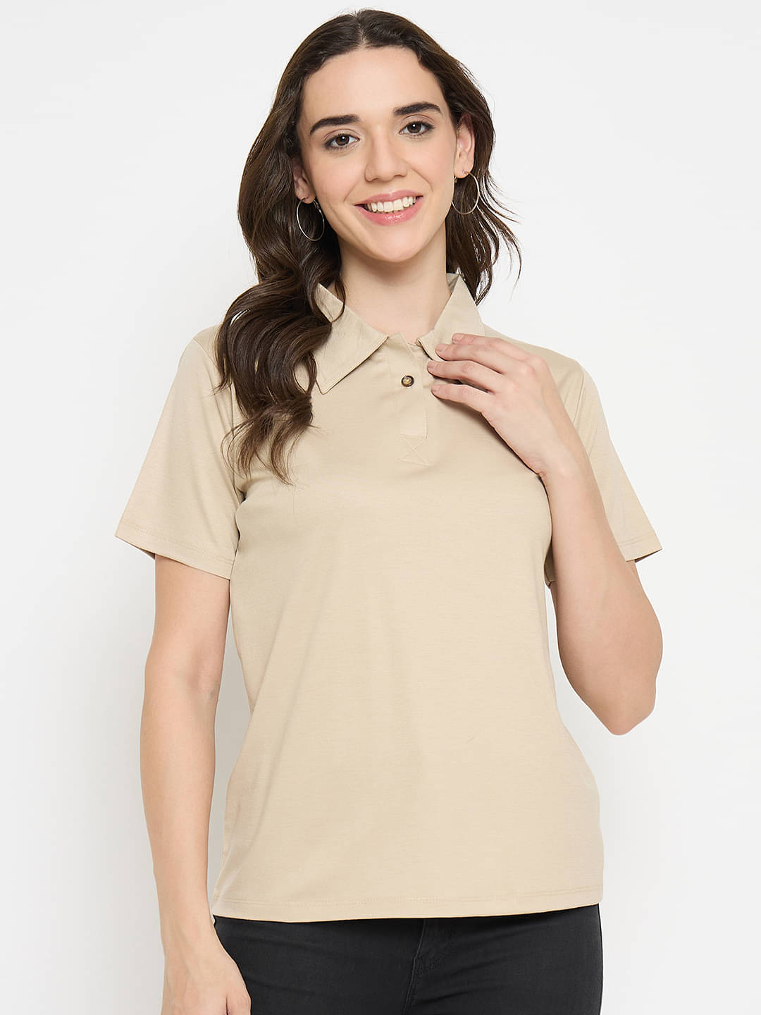     			Camey Women Cotton Blend Solid Regular Polo Collar T-Shirt ( Beige )