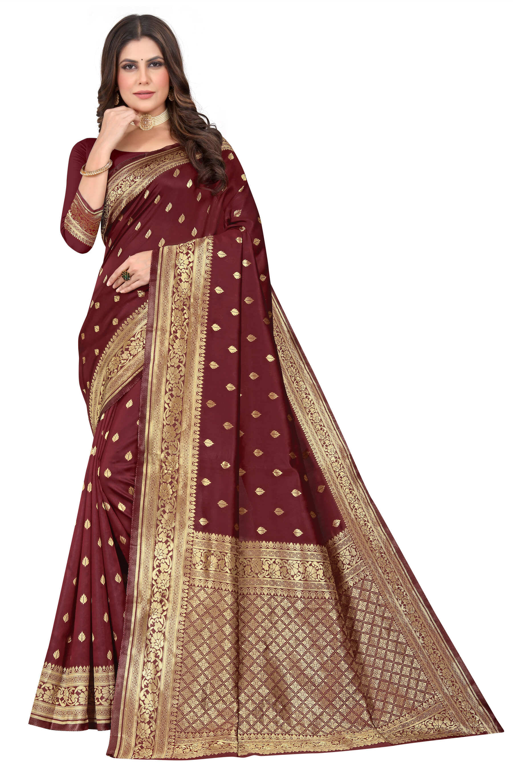     			DHAYNA AND REEWA FASHION Jacquard Woven Saree With Unstitched Blouse Piece ( Maroon )