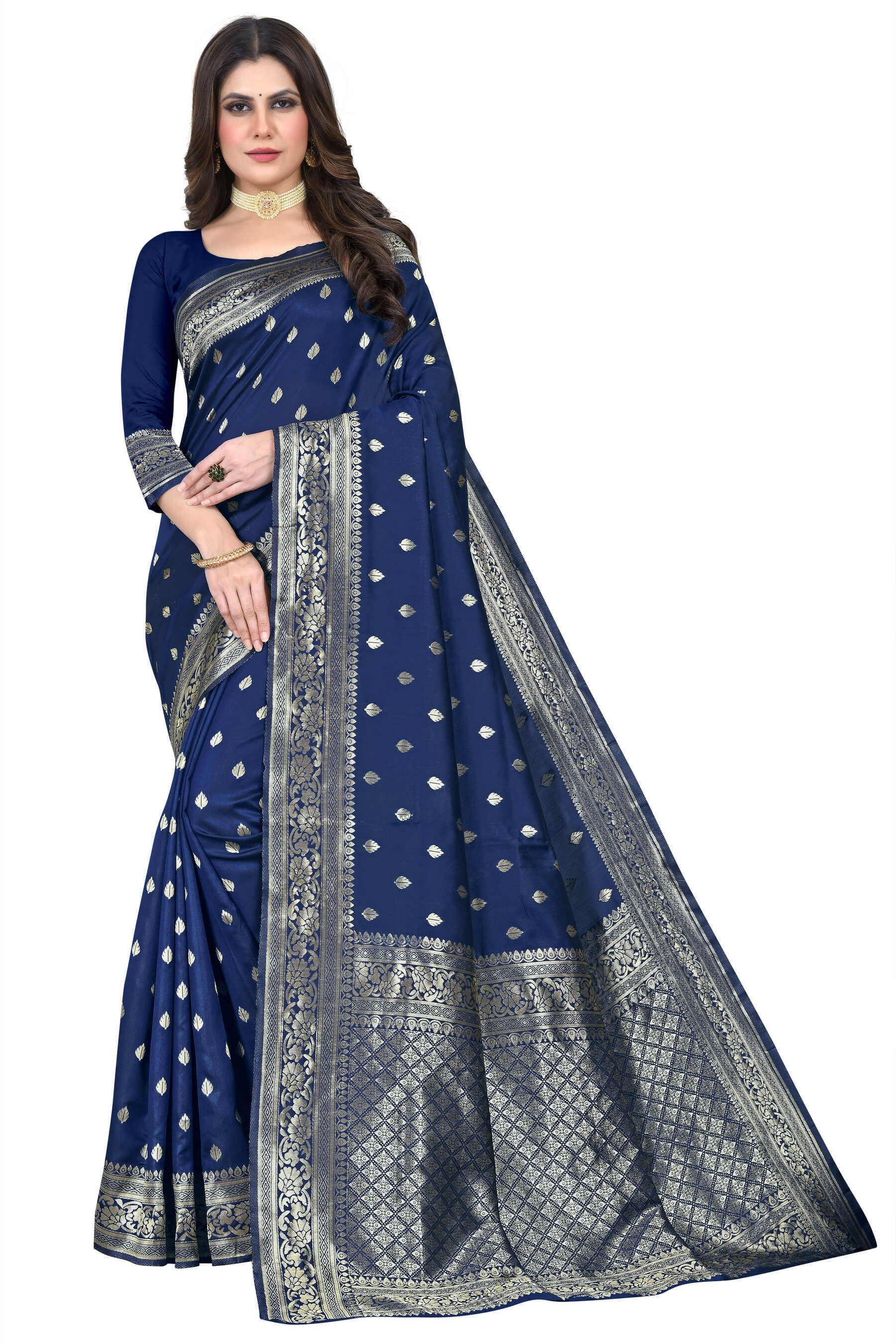 DHAYNA AND REEWA FASHION Jacquard Woven Saree With Unstitched Blouse Piece ( Navy Blue ) DHAYNA AND REEWA FASHION Jacquard Woven Saree With Unstitched Blouse Piece ( Navy Blue )