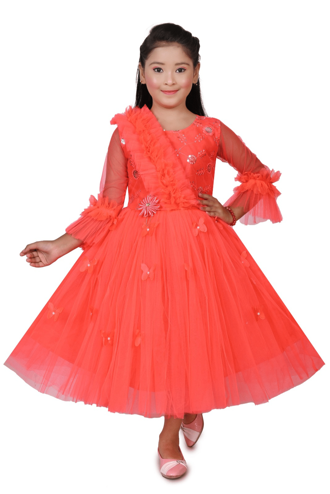 DS DRESSES Net Frock For Girls ( Pack of 1 , Tomato Orange )     			DS DRESSES Net Frock For Girls ( Pack of 1 , Tomato Orange )